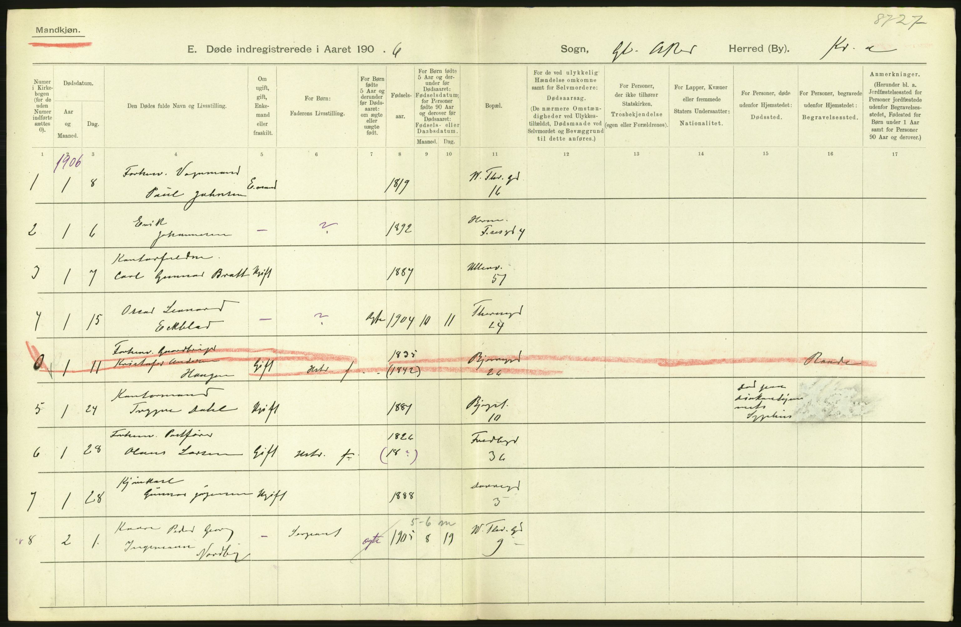 Statistisk sentralbyrå, Sosiodemografiske emner, Befolkning, RA/S-2228/D/Df/Dfa/Dfad/L0010: Kristiania: Døde, dødfødte, 1906, p. 212