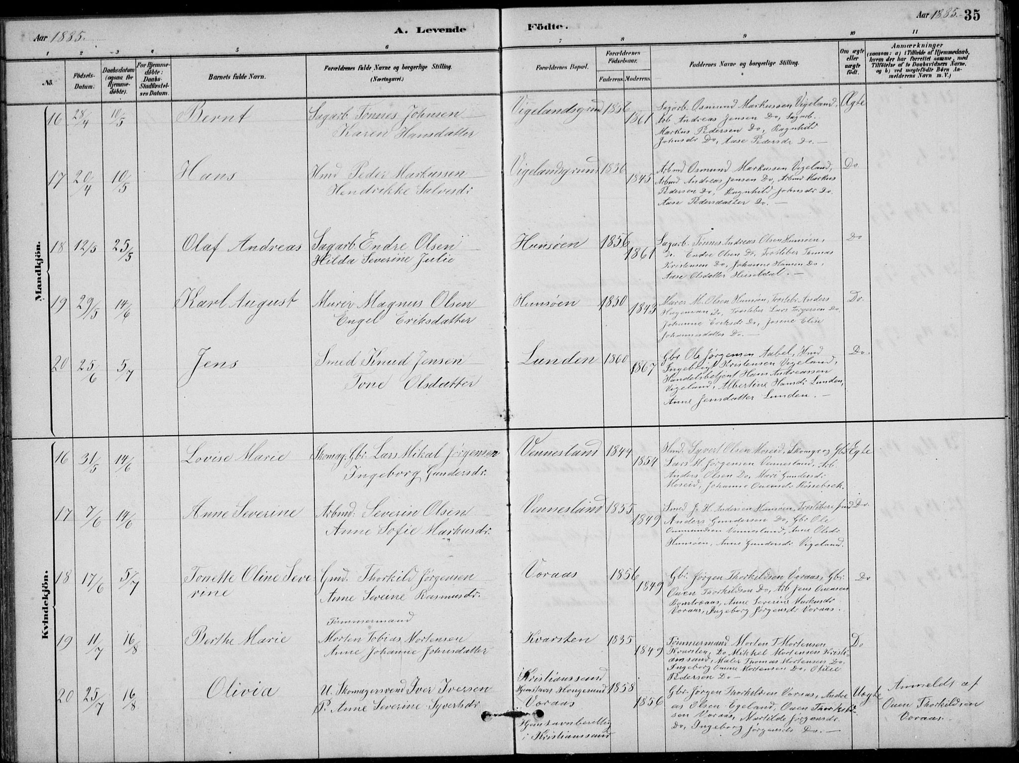 Vennesla sokneprestkontor, AV/SAK-1111-0045/Fb/Fbb/L0003: Parish register (copy) no. B 3, 1879-1893, p. 35