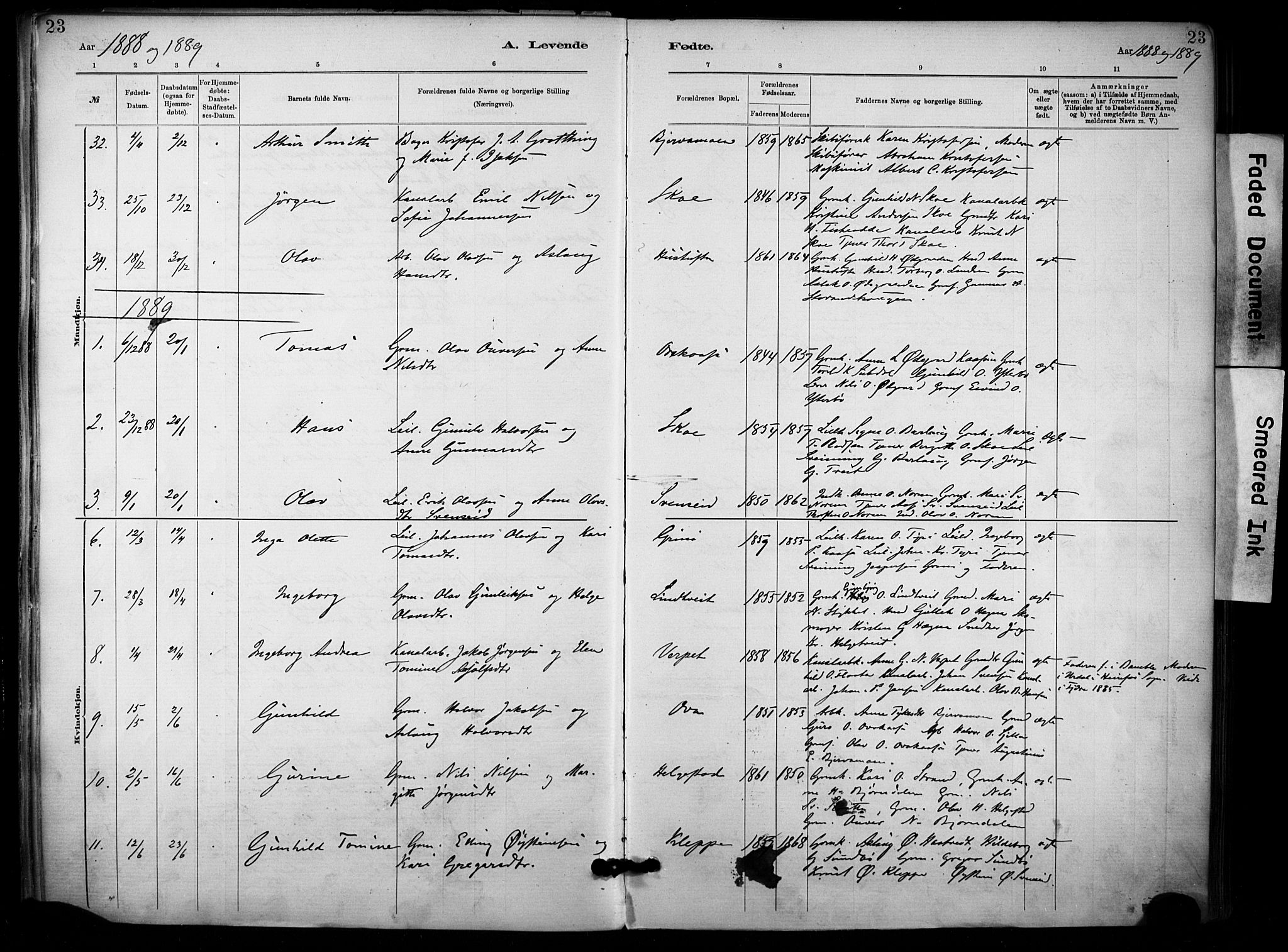 Lunde kirkebøker, SAKO/A-282/F/Fa/L0002: Parish register (official) no. I 2, 1884-1892, p. 23