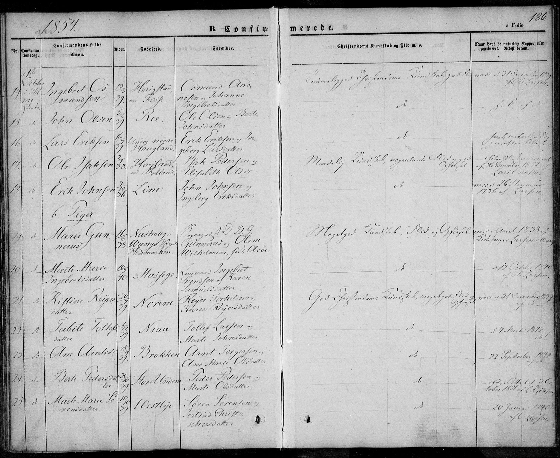 Lye sokneprestkontor, SAST/A-101794/001/30BA/L0005: Parish register (official) no. A 5.1, 1842-1855, p. 186