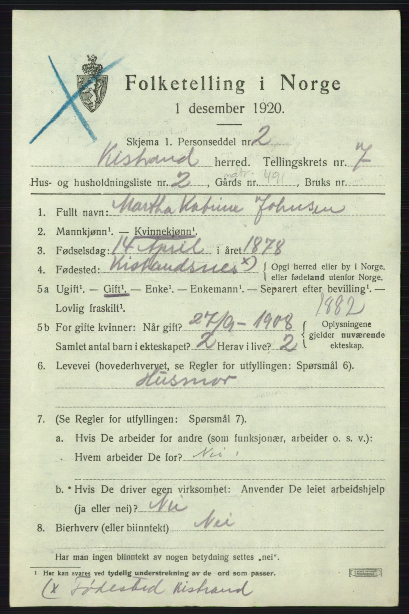 SATØ, 1920 census for Kistrand, 1920, p. 4258