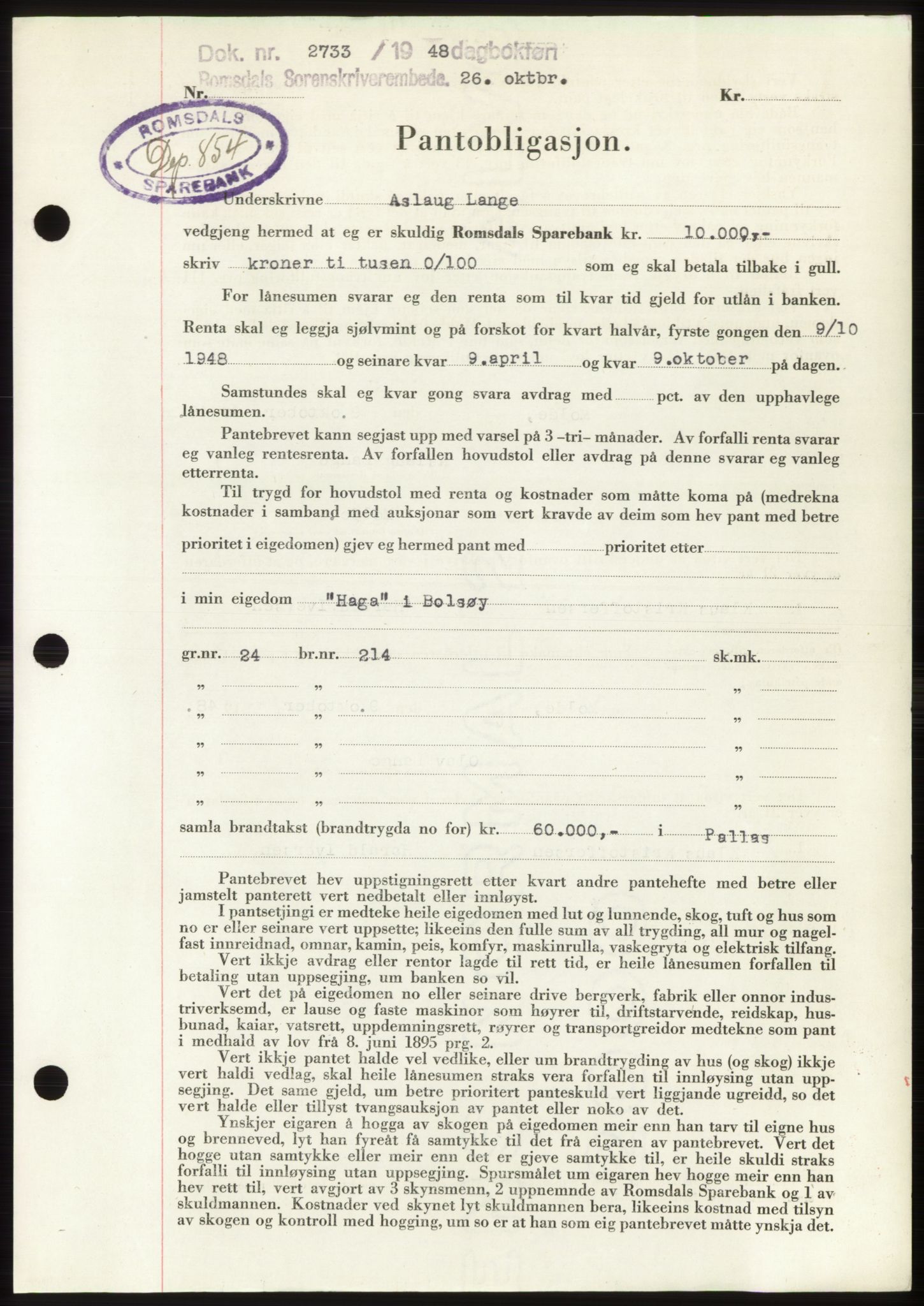 Romsdal sorenskriveri, AV/SAT-A-4149/1/2/2C: Mortgage book no. B4, 1948-1949, Diary no: : 2733/1948