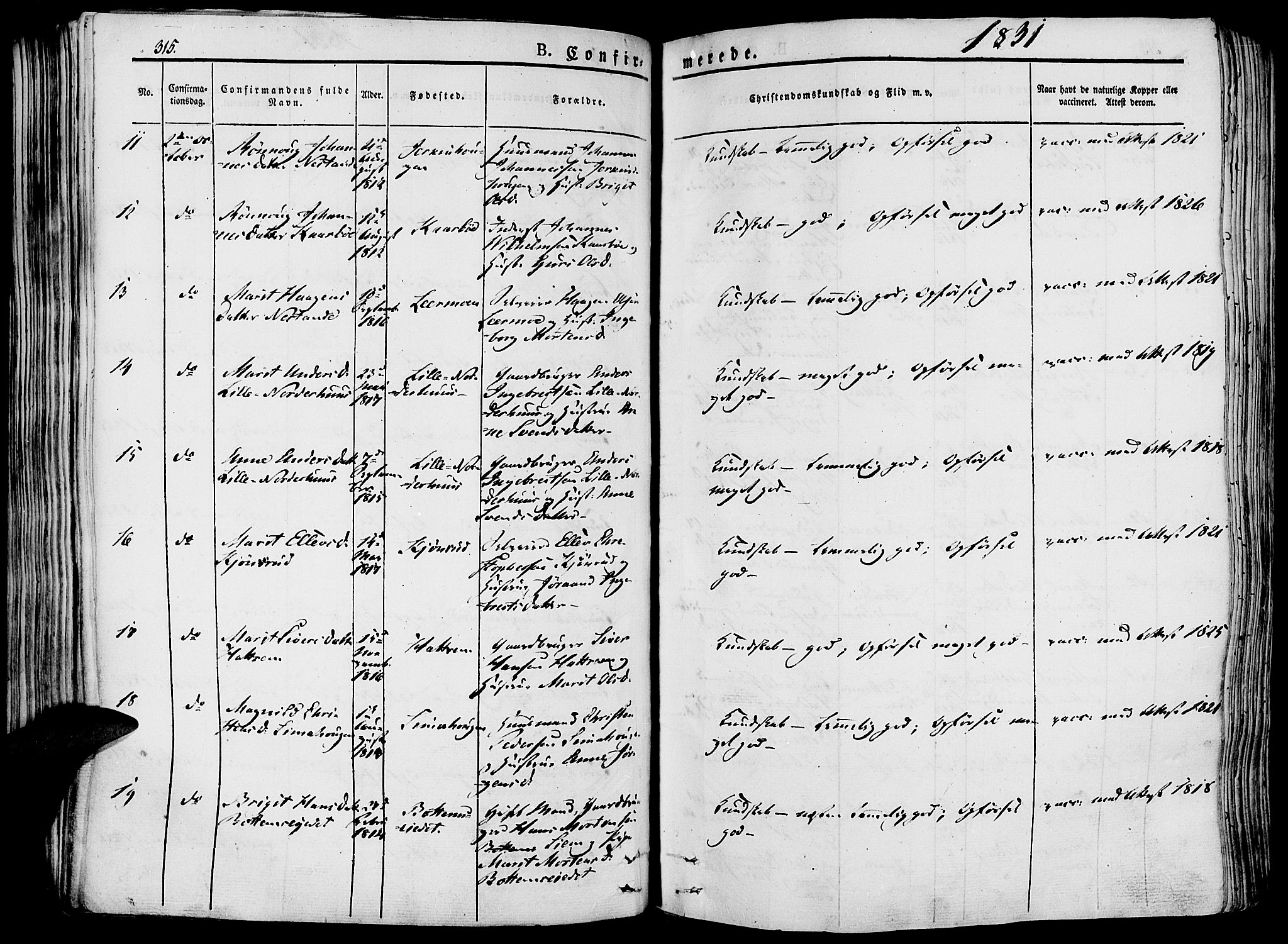 Lesja prestekontor, SAH/PREST-068/H/Ha/Haa/L0005: Parish register (official) no. 5, 1830-1842, p. 315
