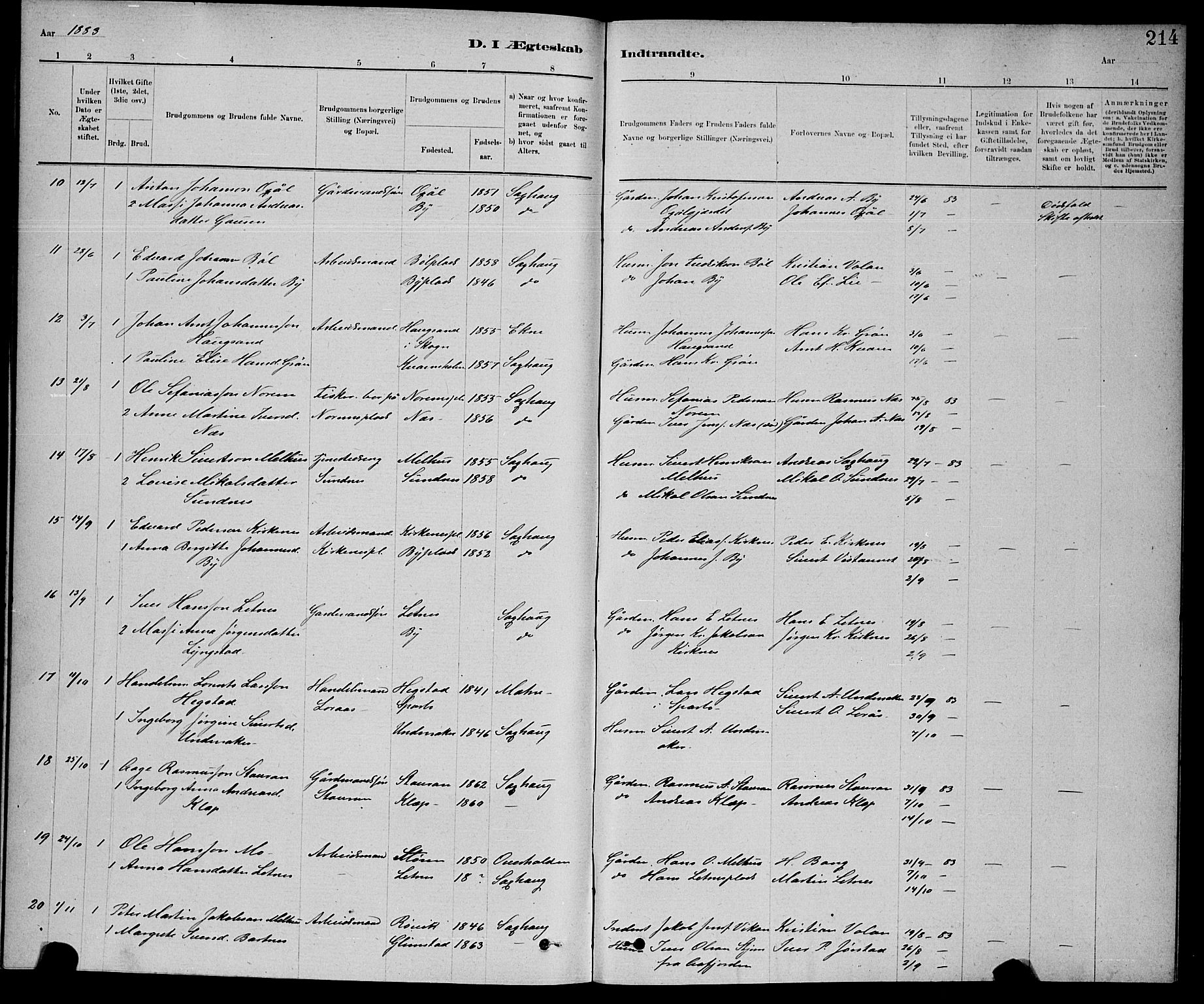 Ministerialprotokoller, klokkerbøker og fødselsregistre - Nord-Trøndelag, SAT/A-1458/730/L0301: Parish register (copy) no. 730C04, 1880-1897, p. 214