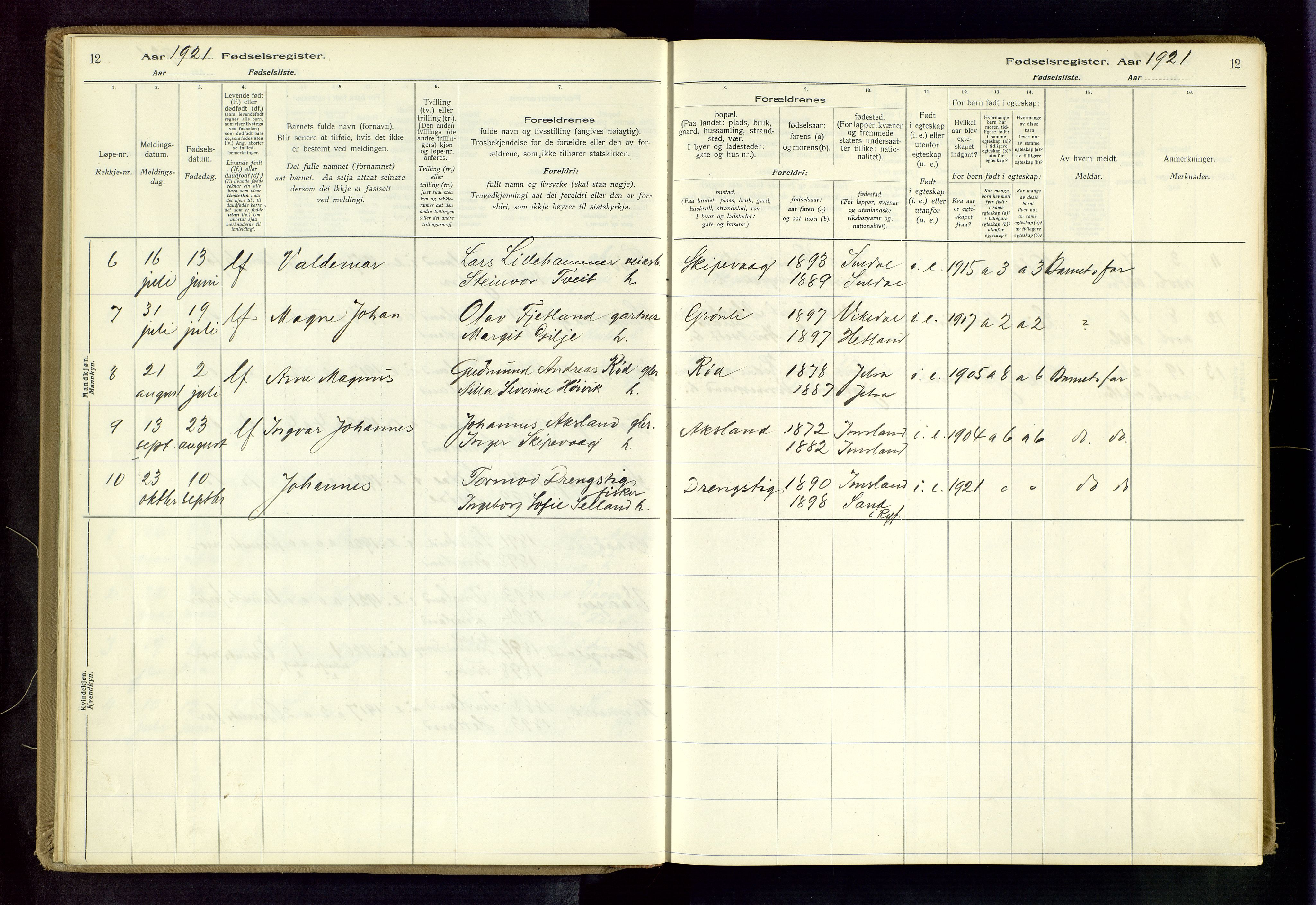 Vikedal sokneprestkontor, AV/SAST-A-101840/01/II: Birth register no. 5, 1916-1982, p. 12