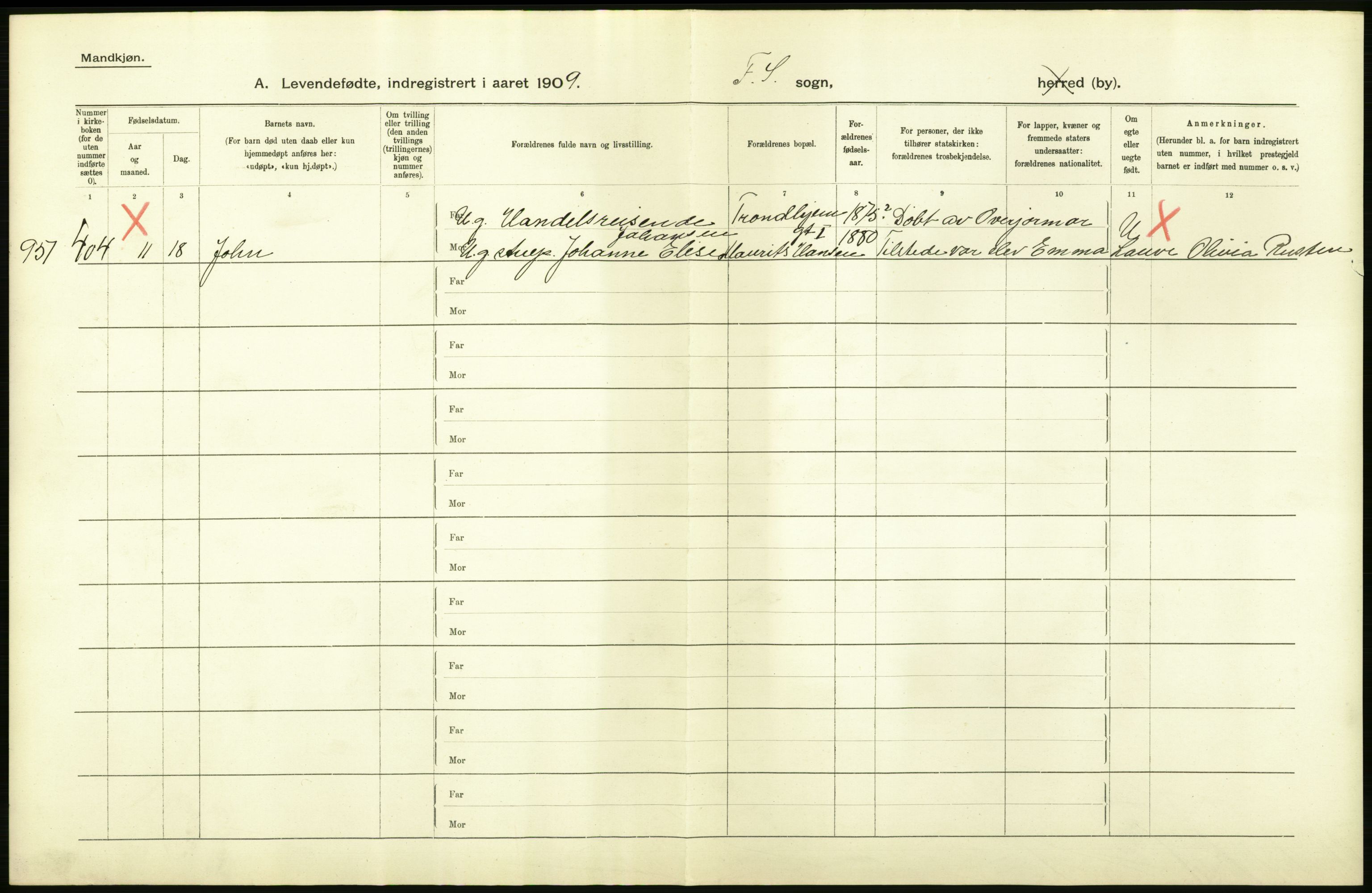 Statistisk sentralbyrå, Sosiodemografiske emner, Befolkning, AV/RA-S-2228/D/Df/Dfa/Dfag/L0006: Kristiania: Levendefødte menn og kvinner., 1909, p. 18