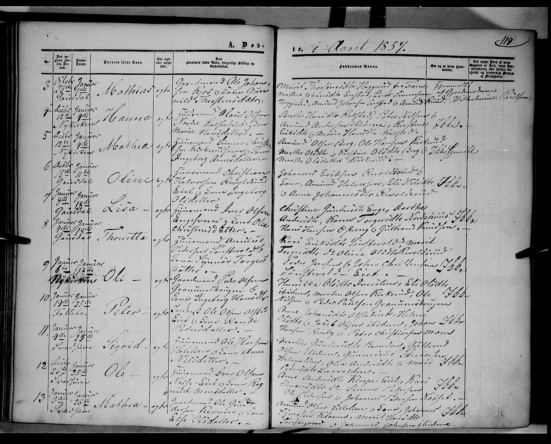 Gausdal prestekontor, SAH/PREST-090/H/Ha/Haa/L0008: Parish register (official) no. 8, 1850-1861, p. 119