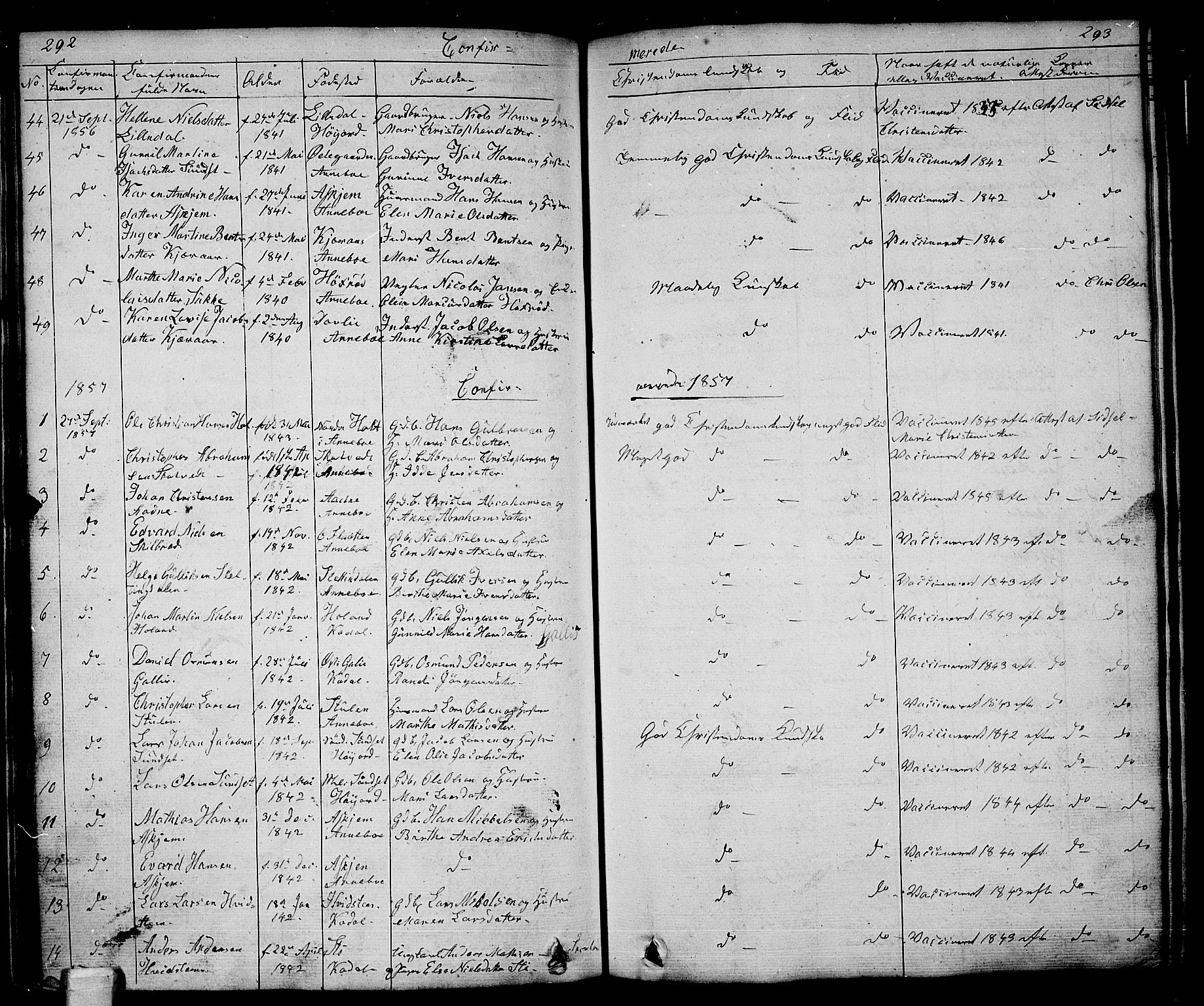 Andebu kirkebøker, AV/SAKO-A-336/G/Ga/L0003: Parish register (copy) no. I 3, 1832-1867, p. 292-293