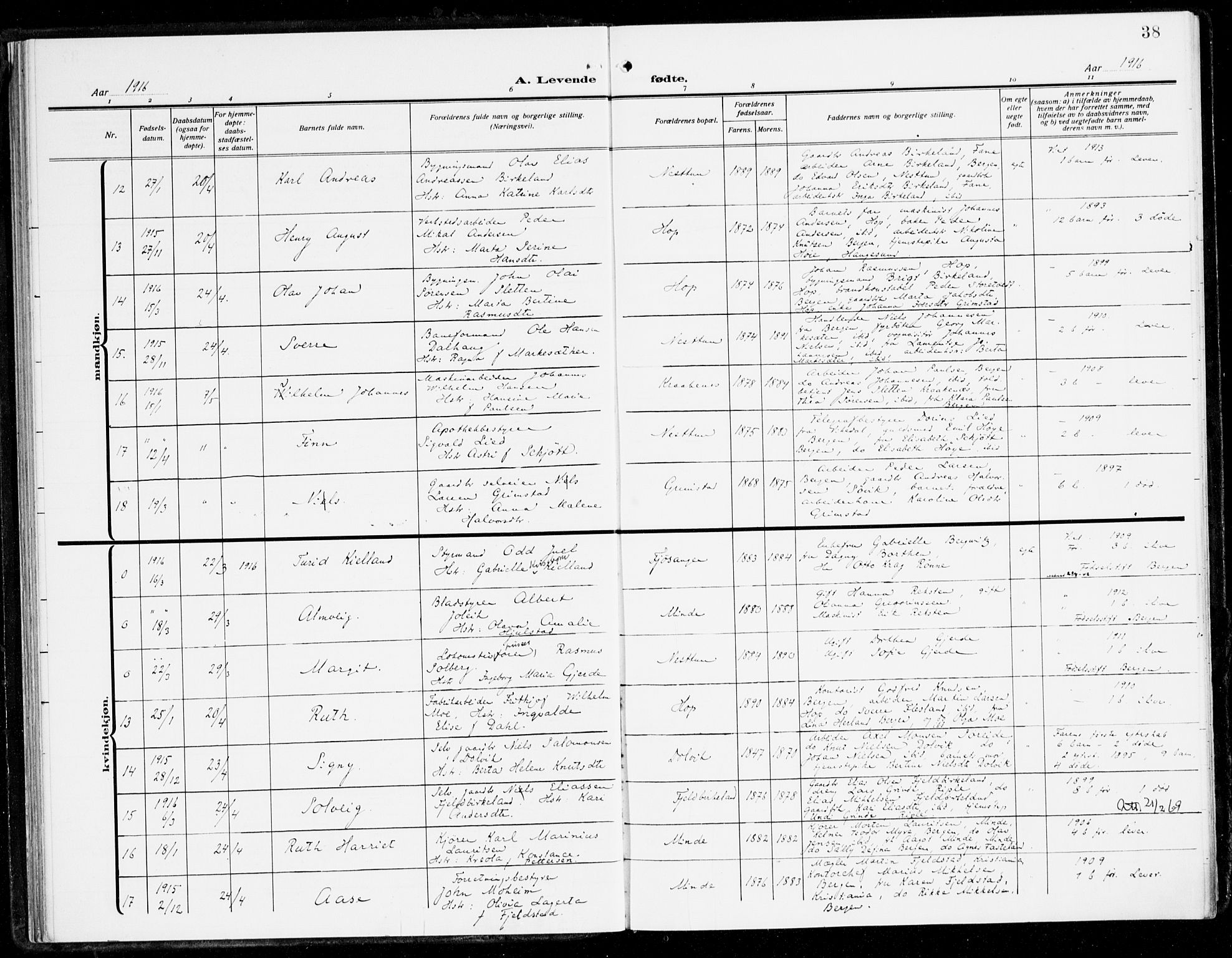 Fana Sokneprestembete, AV/SAB-A-75101/H/Haa/Haai/L0004: Parish register (official) no. I 4, 1912-1933, p. 38