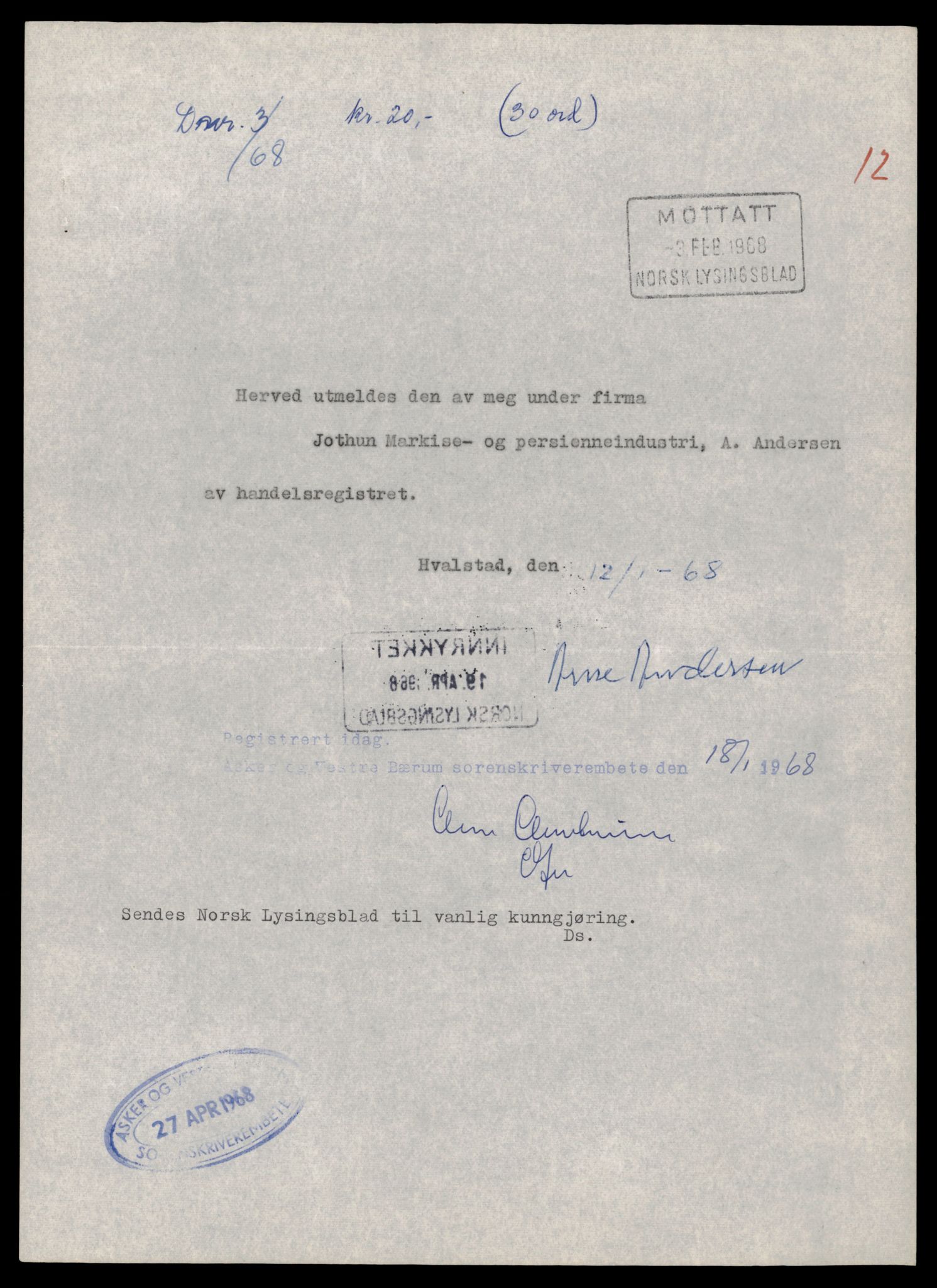 Asker og Bærum tingrett, AV/SAT-A-10379/K/Kb/Kba/L0094: Enkeltmannsforetak, aksjeselskap og andelslag i Asker og Vestre Bærum 1/1968 - 173/1969, 1968-1969, p. 11