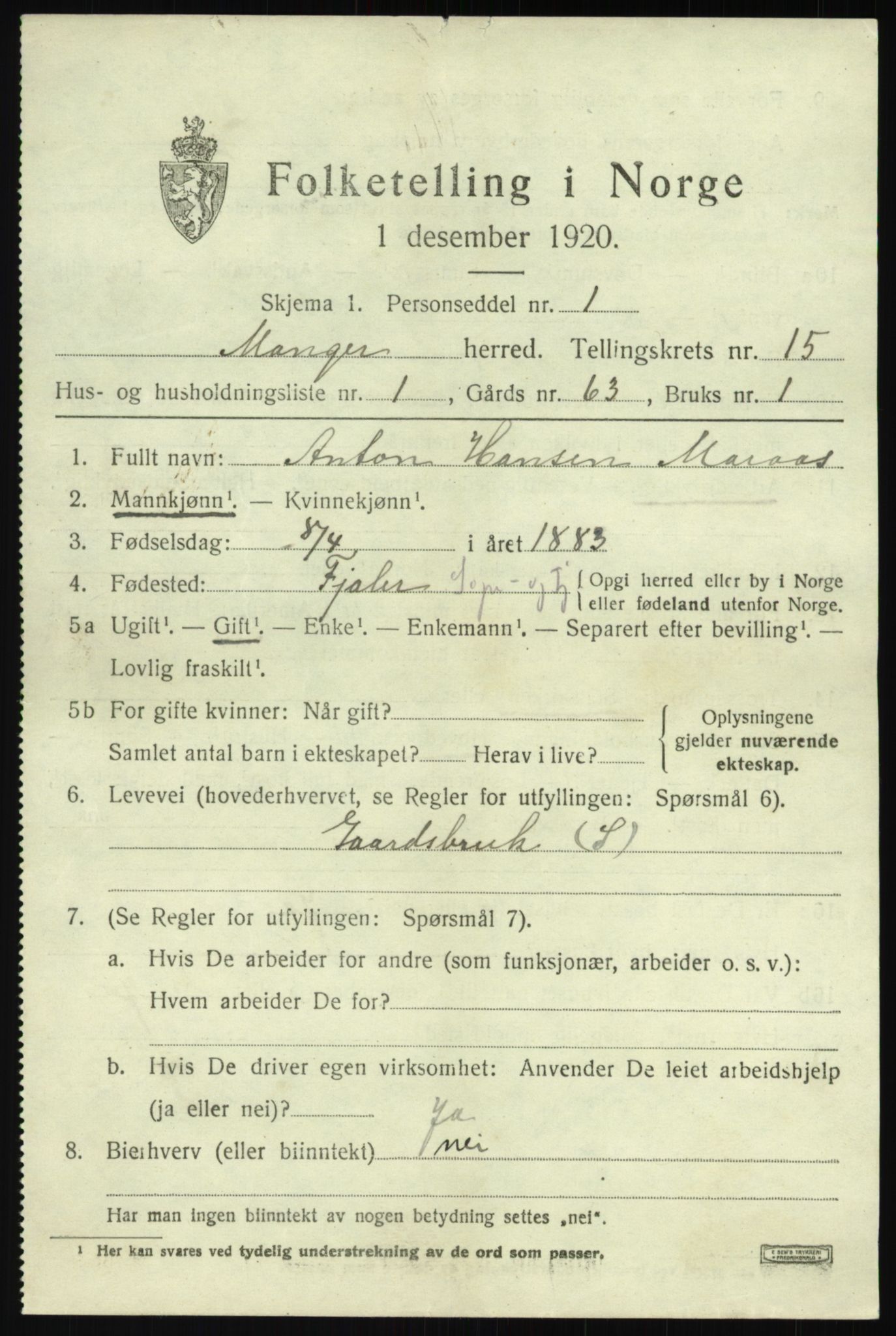 SAB, 1920 census for Manger, 1920, p. 8444