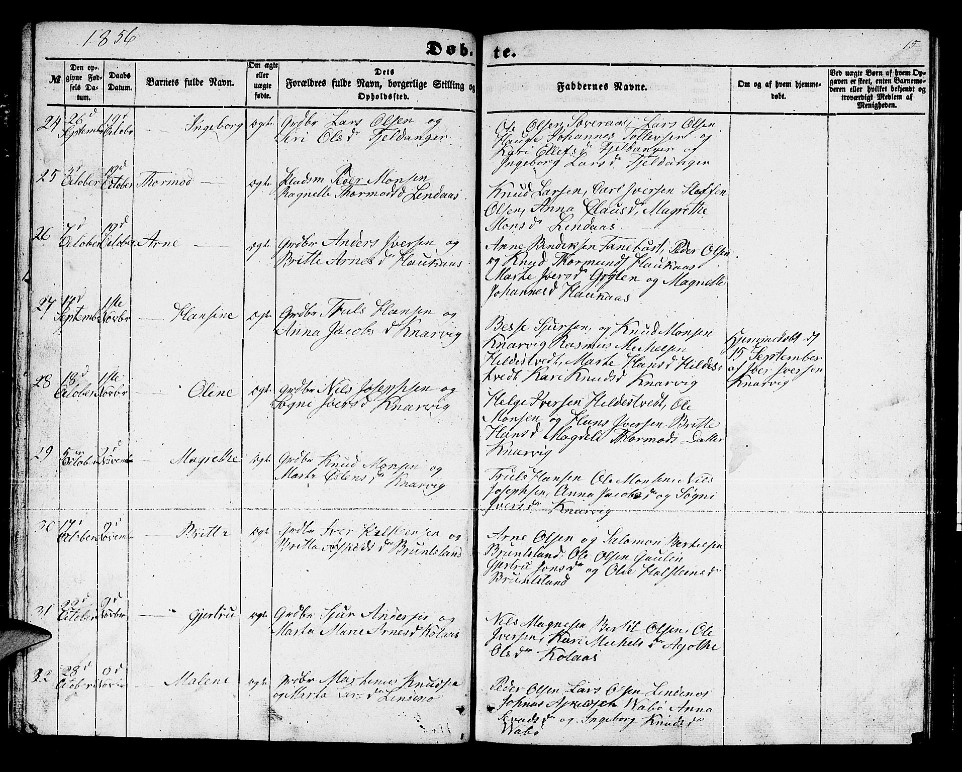 Lindås Sokneprestembete, SAB/A-76701/H/Hab: Parish register (copy) no. B 1, 1853-1866, p. 15