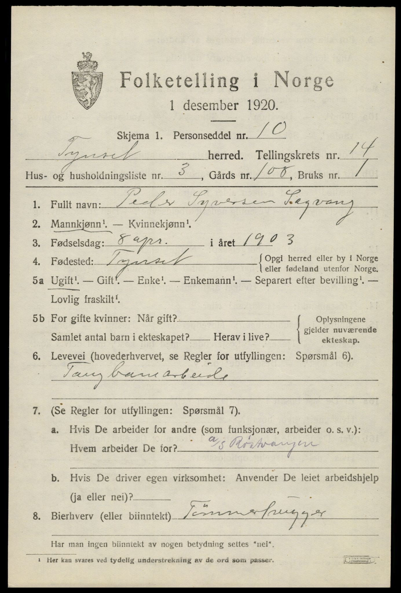 SAH, 1920 census for Tynset, 1920, p. 8966