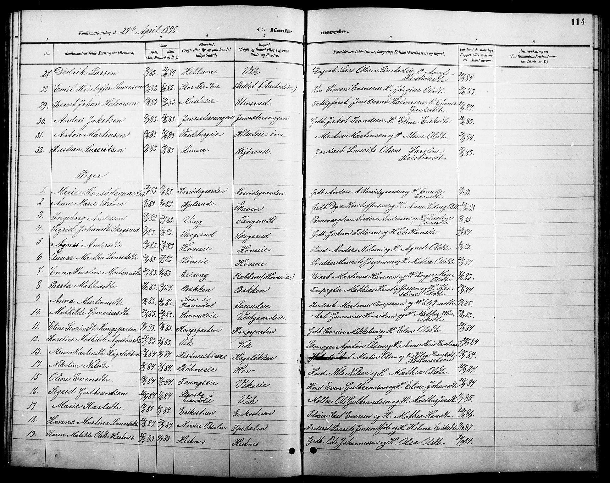 Stange prestekontor, AV/SAH-PREST-002/L/L0011: Parish register (copy) no. 11, 1895-1917, p. 114