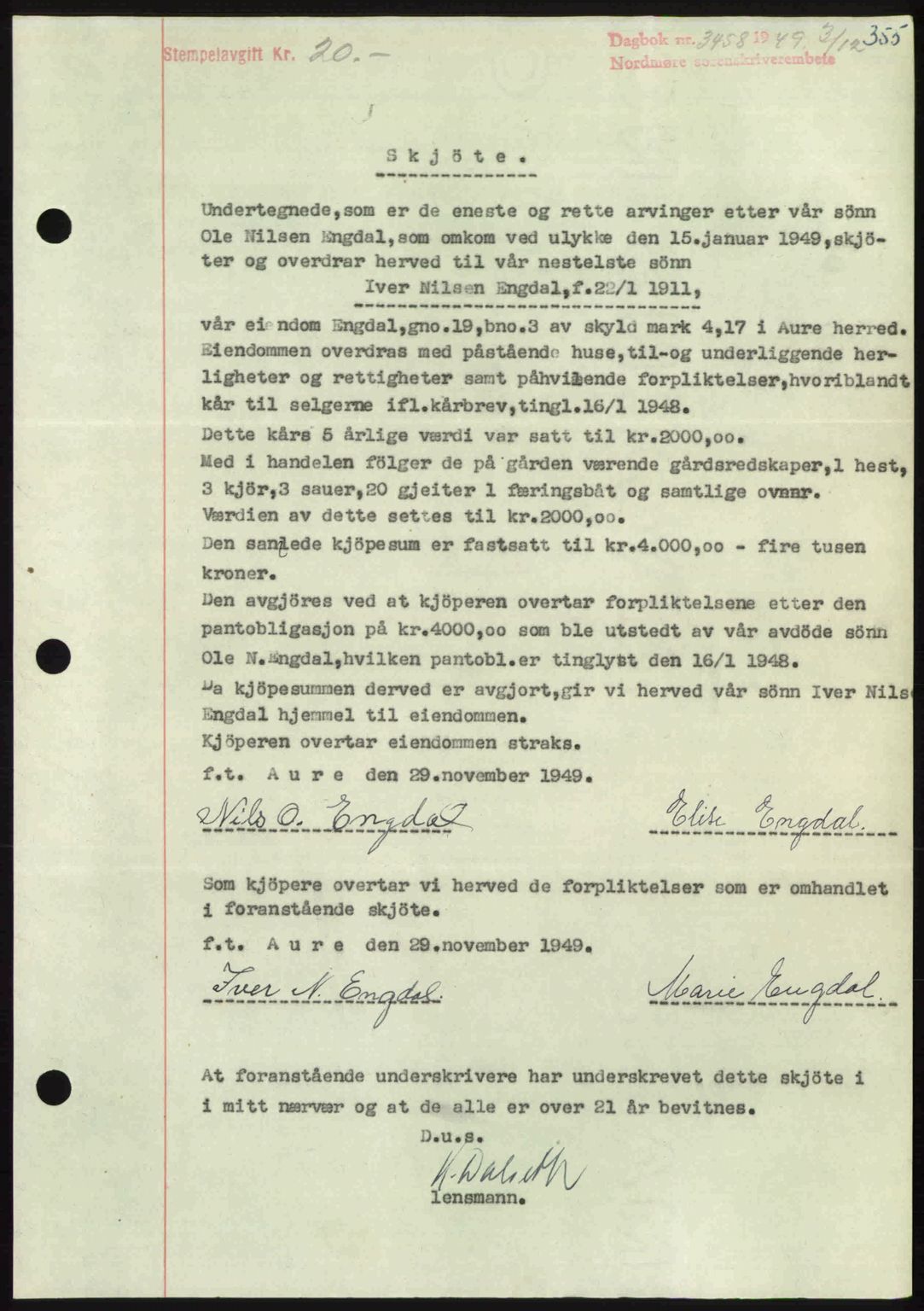 Nordmøre sorenskriveri, AV/SAT-A-4132/1/2/2Ca: Mortgage book no. A113, 1949-1950, Diary no: : 3458/1949