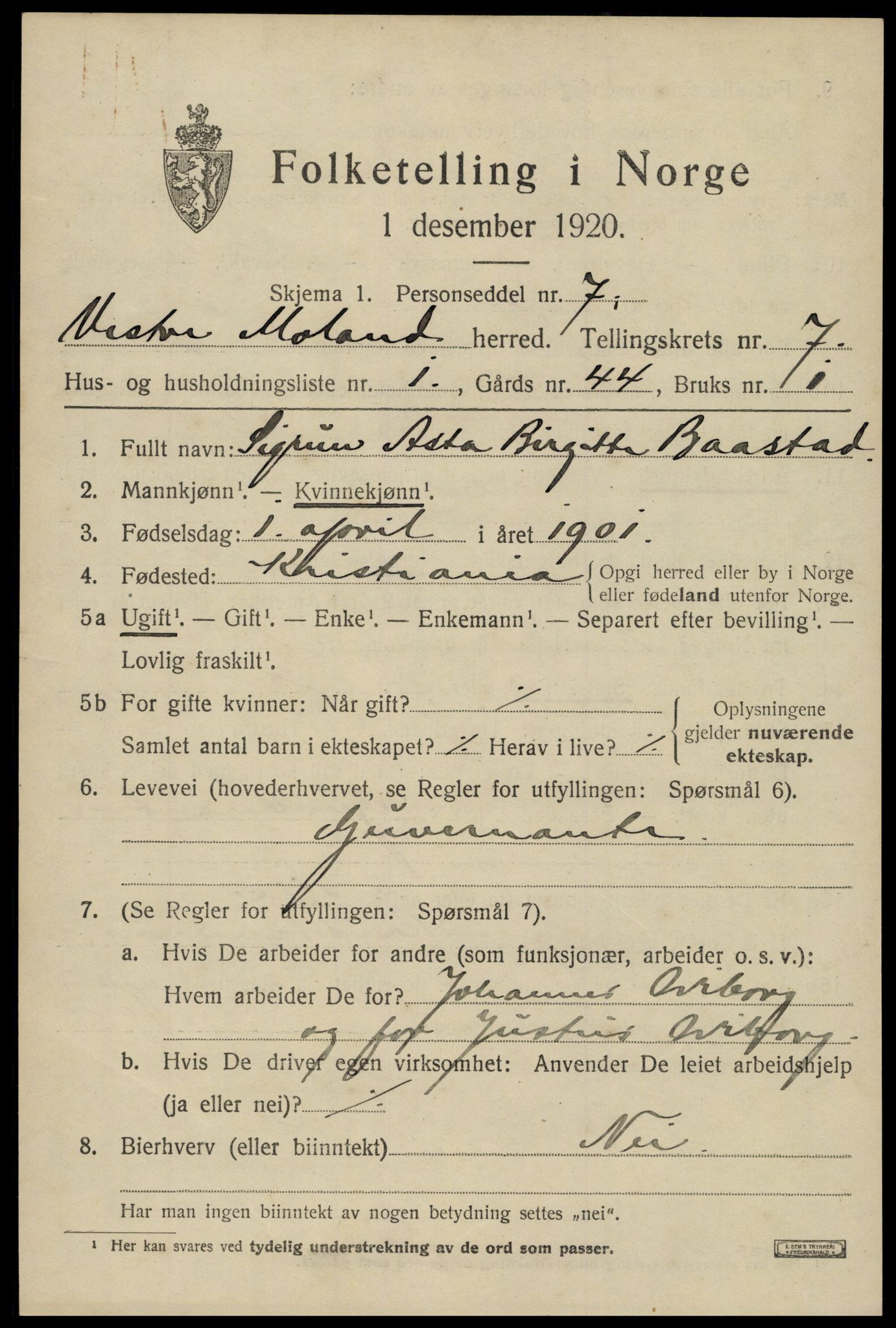 SAK, 1920 census for Vestre Moland, 1920, p. 4781