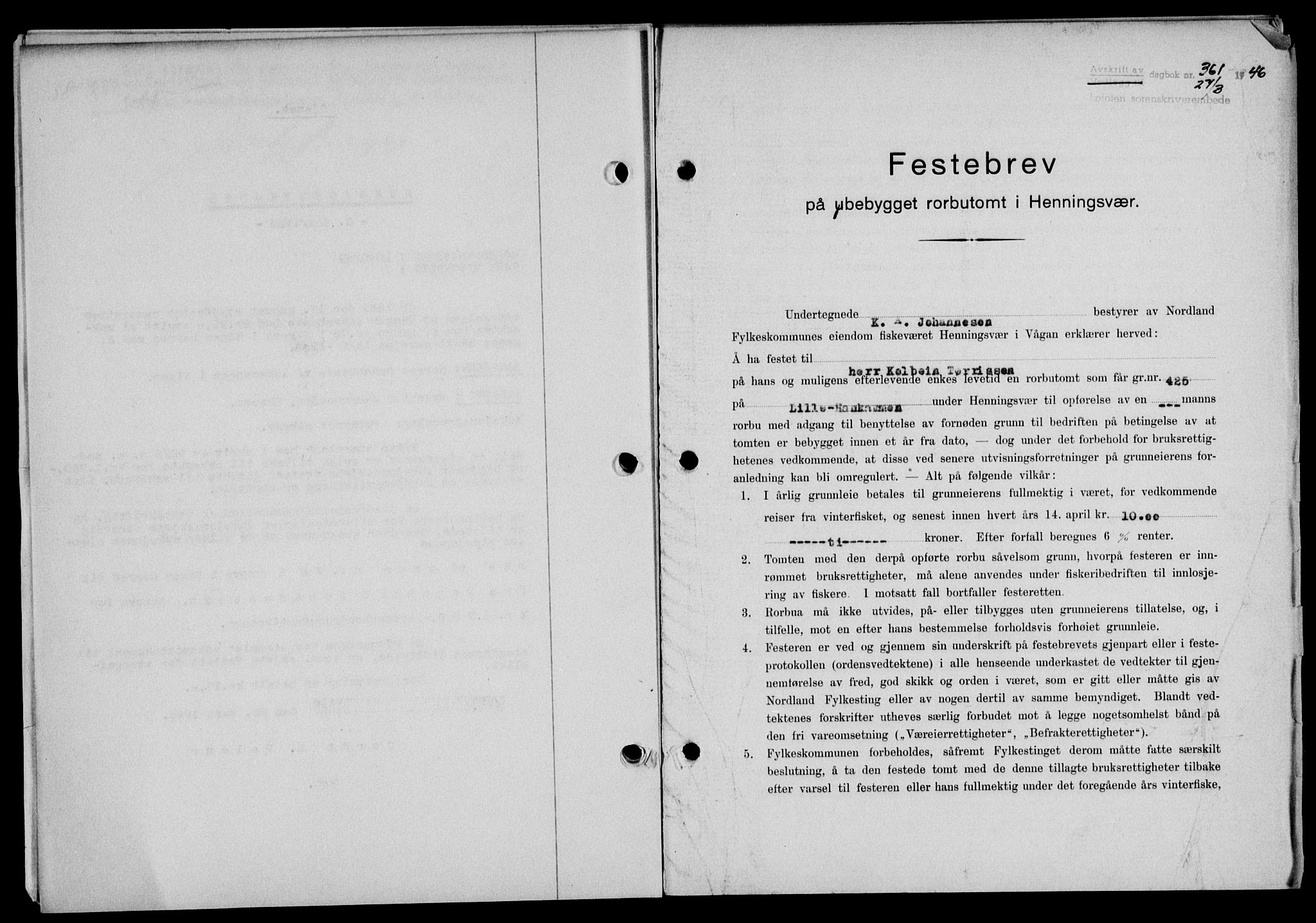 Lofoten sorenskriveri, SAT/A-0017/1/2/2C/L0013a: Mortgage book no. 13a, 1944-1946, Diary no: : 361/1946