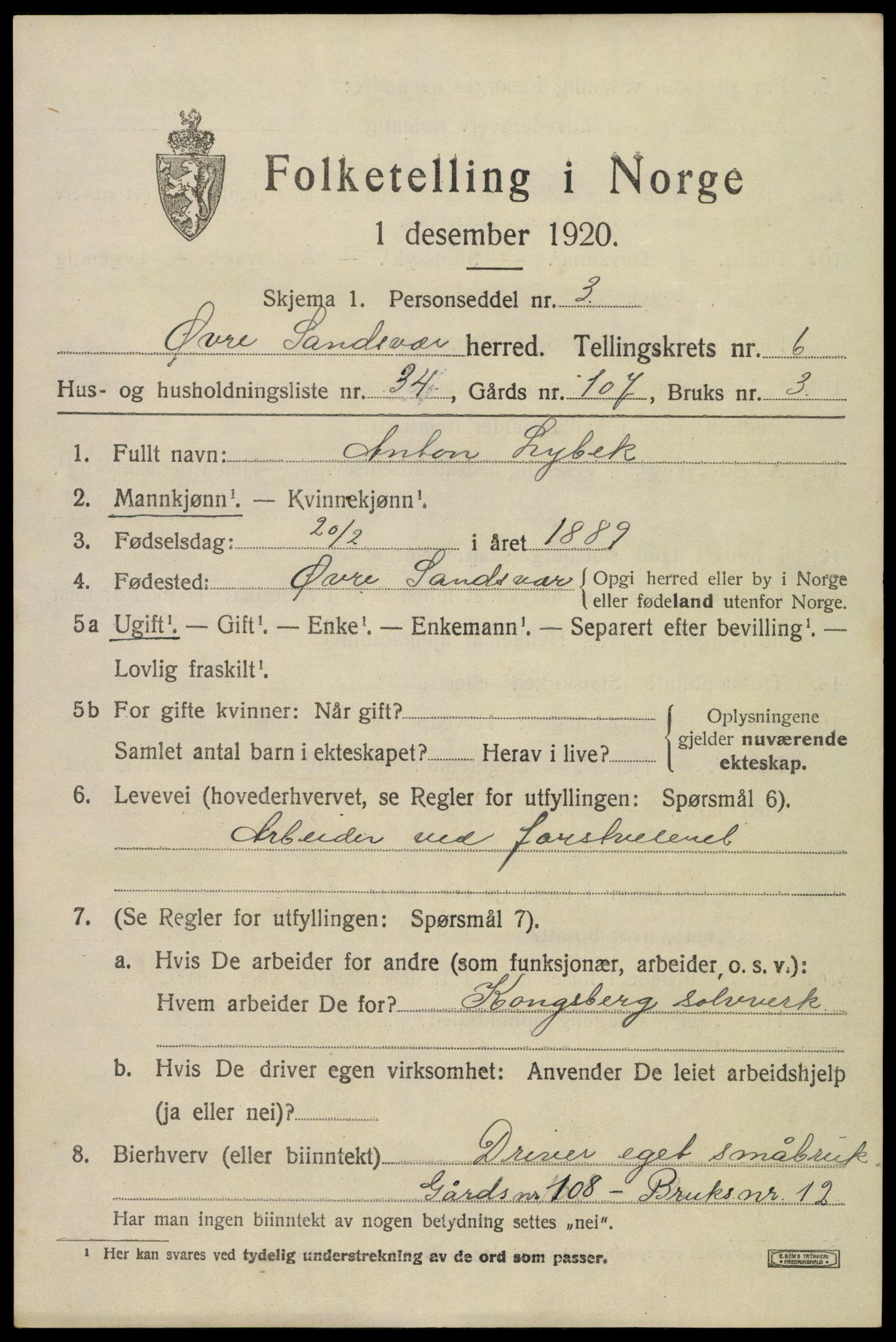 SAKO, 1920 census for Øvre Sandsvær, 1920, p. 3738