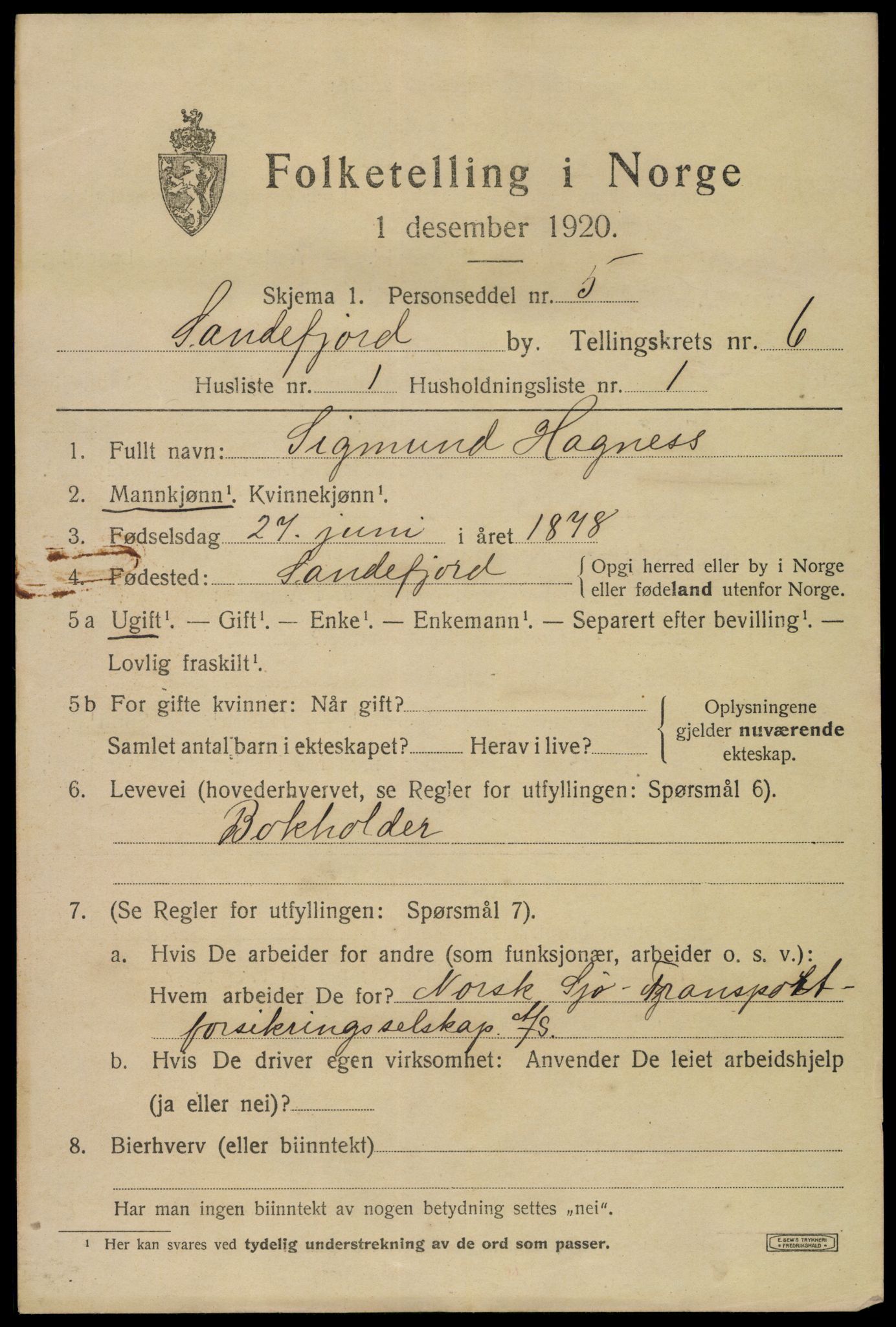 SAKO, 1920 census for Sandefjord, 1920, p. 9446