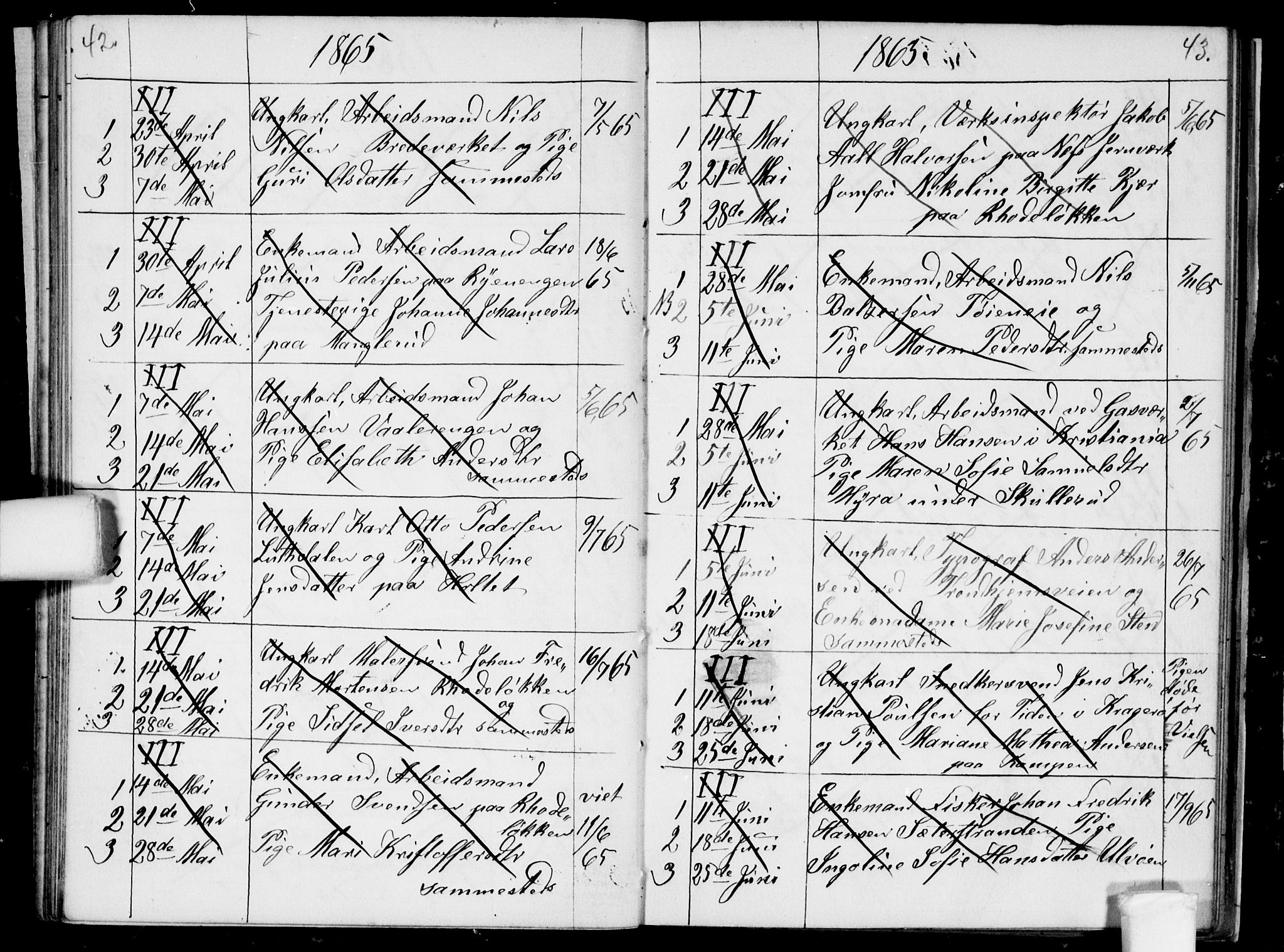 Østre Aker prestekontor Kirkebøker, SAO/A-10840/H/Ha/L0002: Banns register no. I 2, 1861-1872, p. 42-43