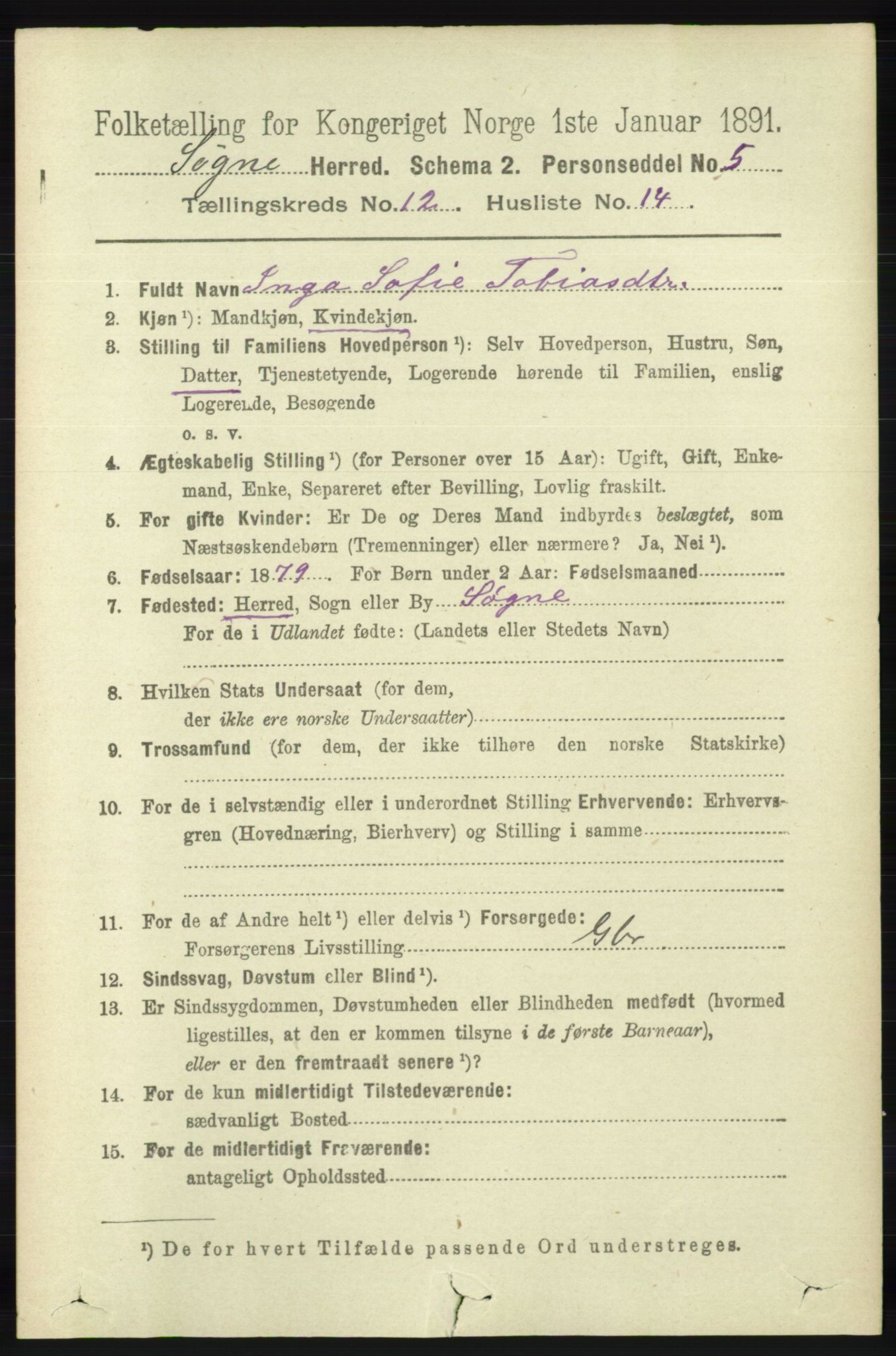 RA, 1891 census for 1018 Søgne, 1891, p. 3187