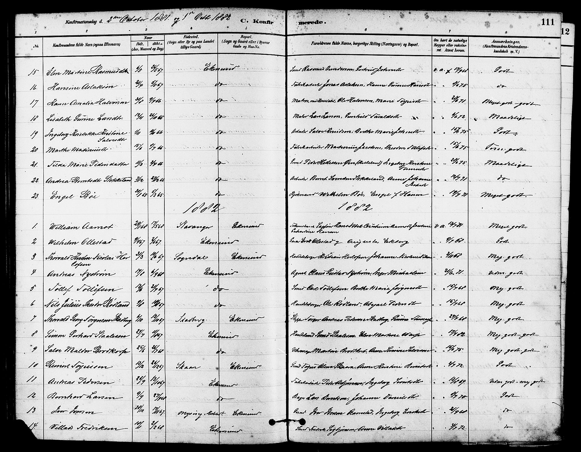 Eigersund sokneprestkontor, AV/SAST-A-101807/S08/L0015: Parish register (official) no. A 15, 1879-1892, p. 111