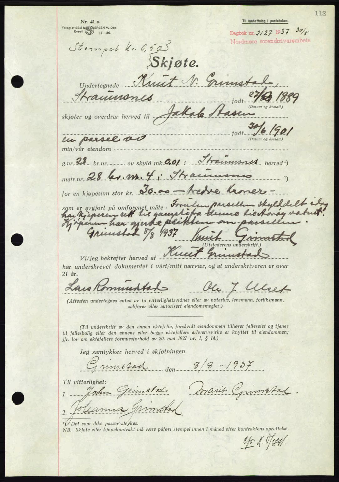 Nordmøre sorenskriveri, AV/SAT-A-4132/1/2/2Ca: Mortgage book no. A82, 1937-1938, Diary no: : 2127/1937