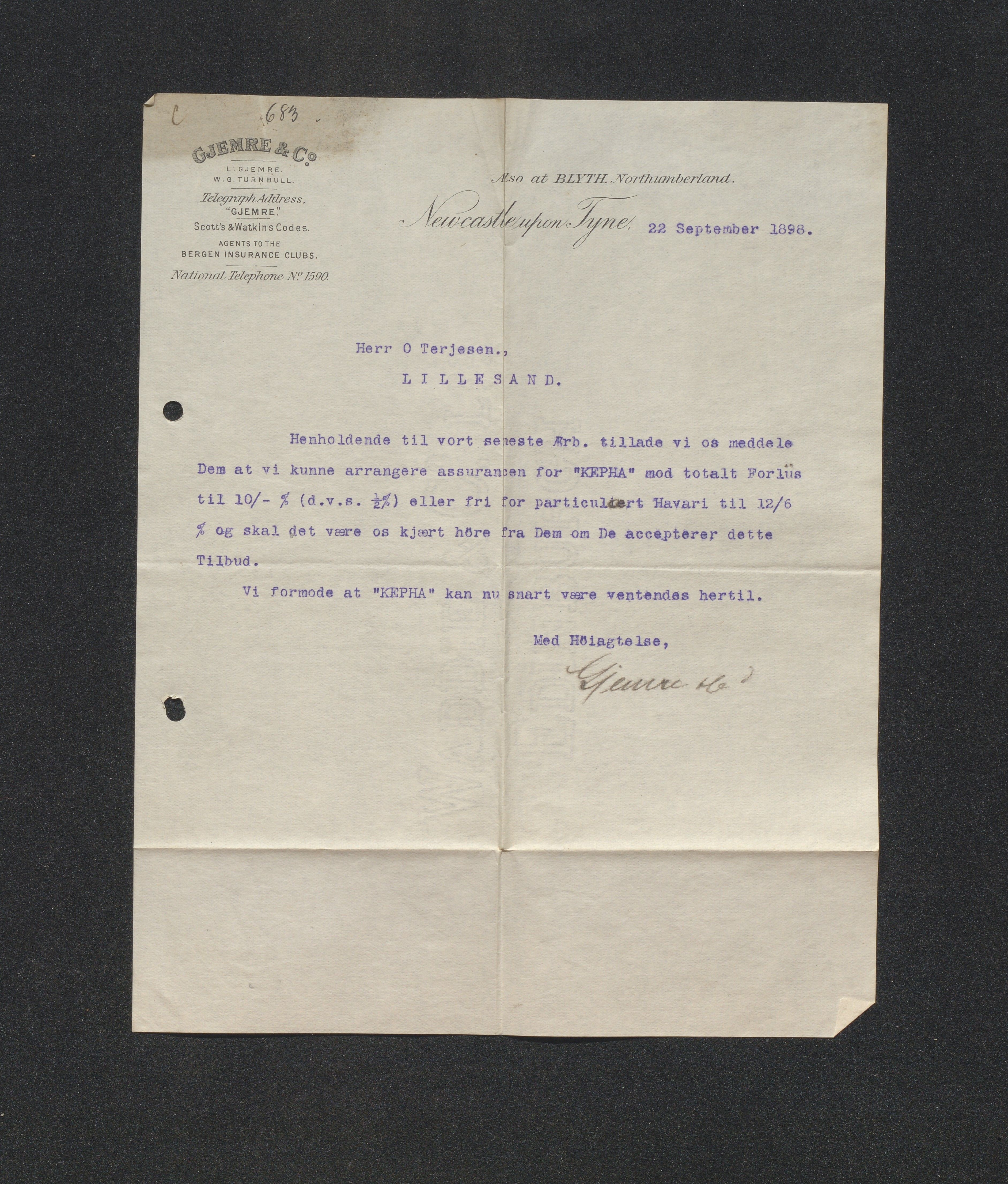 O. Terjesens rederi, AAKS/PA-2525/E/E01/L0005: Korrespondanse, 1898-1899