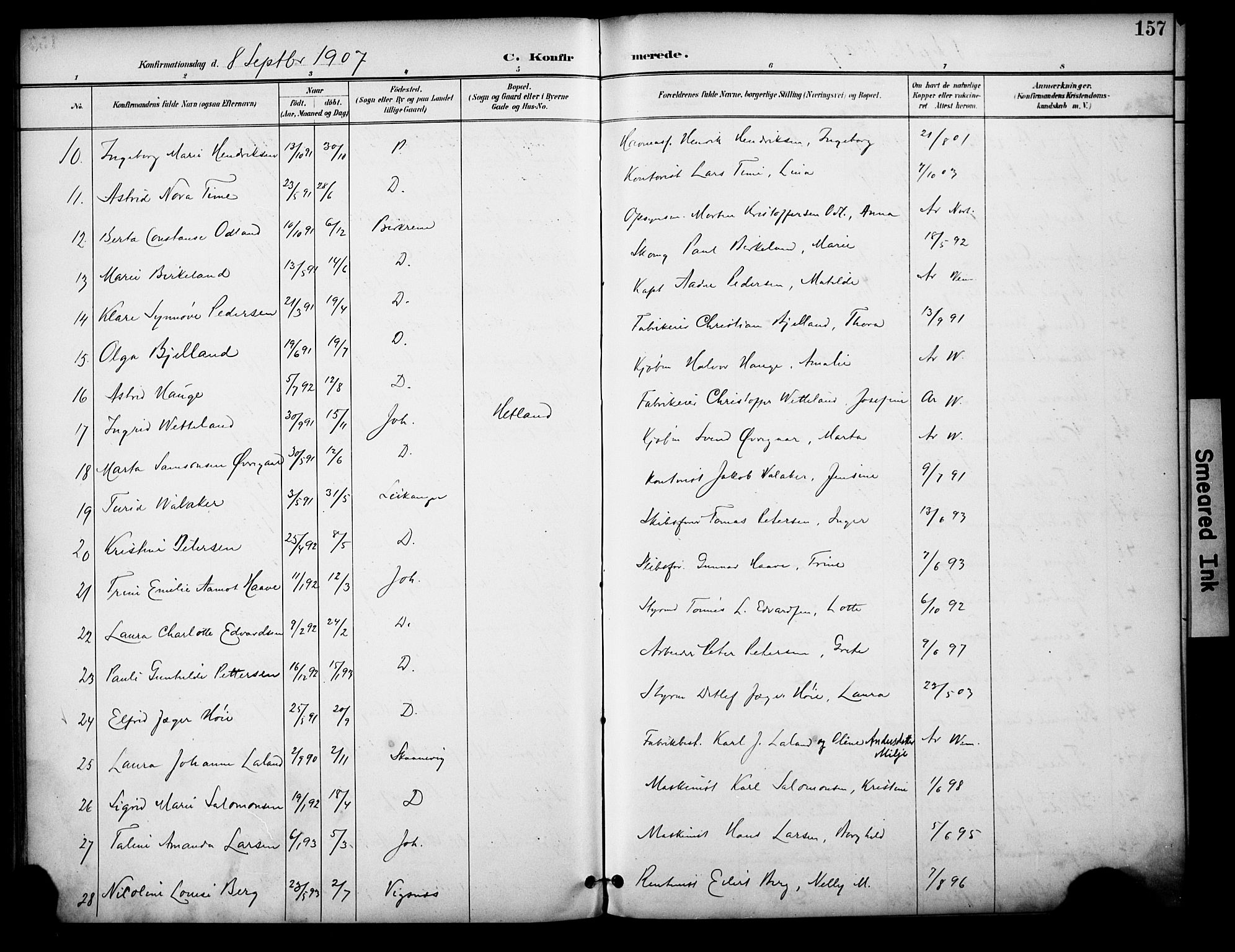 Domkirken sokneprestkontor, AV/SAST-A-101812/001/30/30BA/L0031: Parish register (official) no. A 30, 1896-1916, p. 157