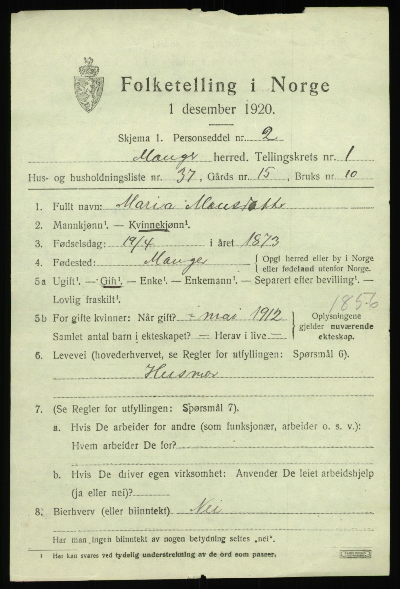 SAB, 1920 census for Manger, 1920, p. 1961