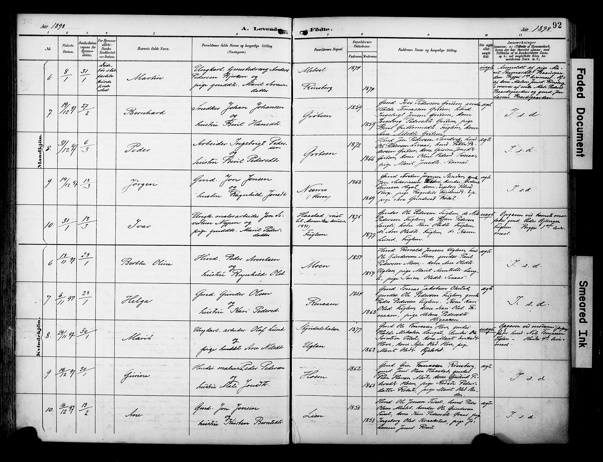 Ministerialprotokoller, klokkerbøker og fødselsregistre - Sør-Trøndelag, SAT/A-1456/695/L1149: Parish register (official) no. 695A09, 1891-1902, p. 92