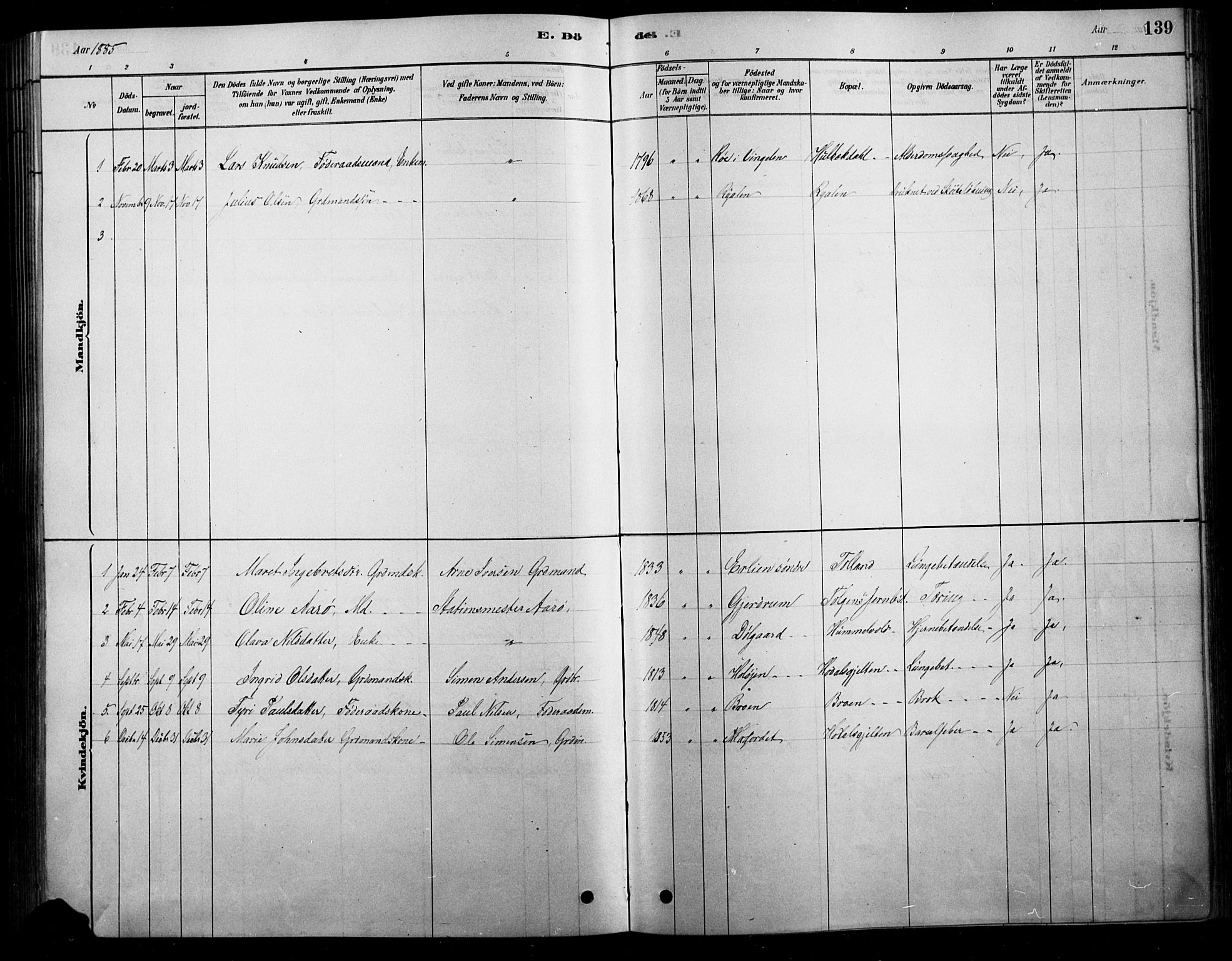 Tolga prestekontor, SAH/PREST-062/L/L0007: Parish register (copy) no. 7, 1878-1919, p. 139