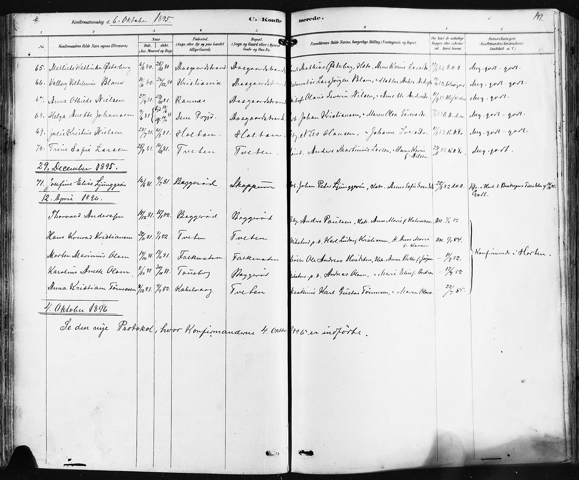 Borre kirkebøker, SAKO/A-338/F/Fa/L0009: Parish register (official) no. I 9, 1878-1896, p. 142