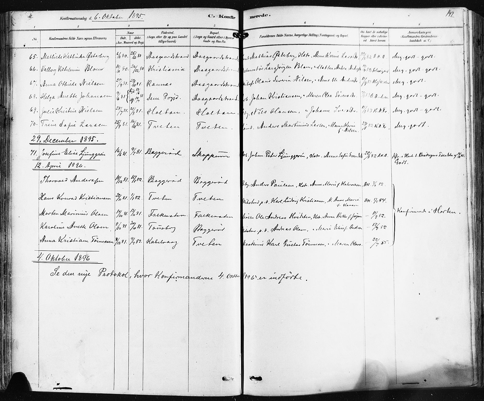 Borre kirkebøker, AV/SAKO-A-338/F/Fa/L0009: Parish register (official) no. I 9, 1878-1896, p. 142