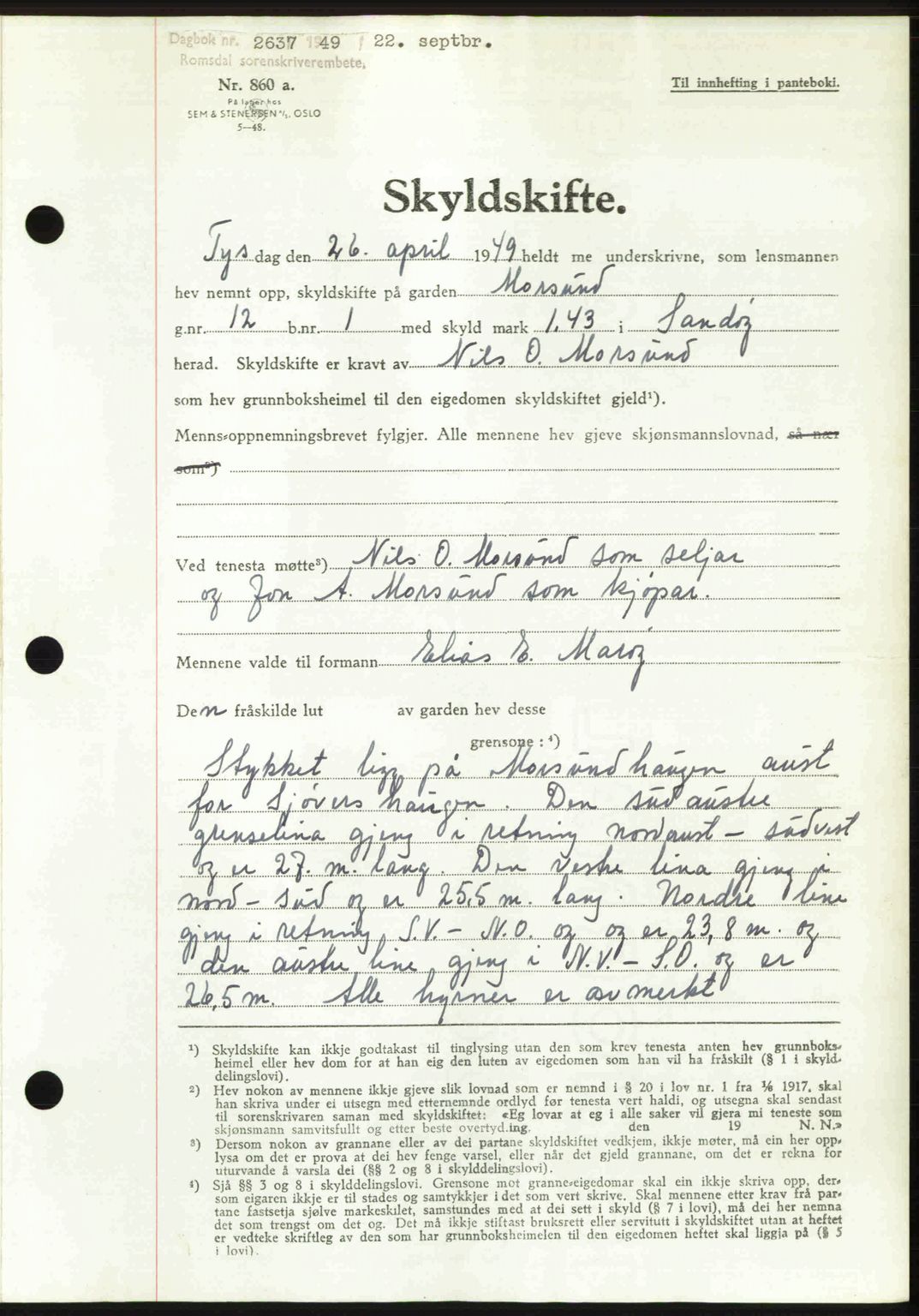 Romsdal sorenskriveri, AV/SAT-A-4149/1/2/2C: Mortgage book no. A31, 1949-1949, Diary no: : 2637/1949