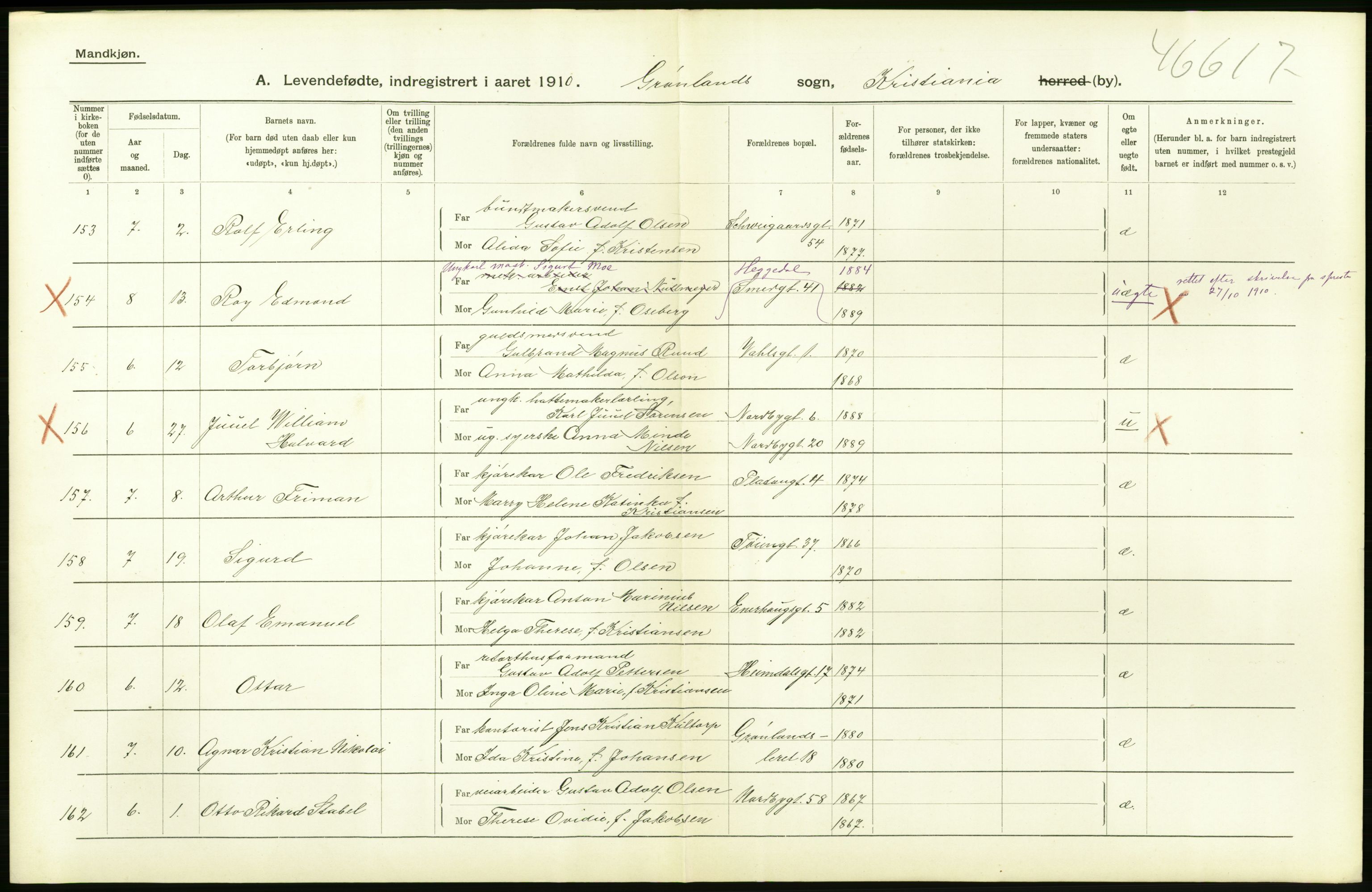 Statistisk sentralbyrå, Sosiodemografiske emner, Befolkning, RA/S-2228/D/Df/Dfa/Dfah/L0006: Kristiania: Levendefødte menn., 1910, p. 688