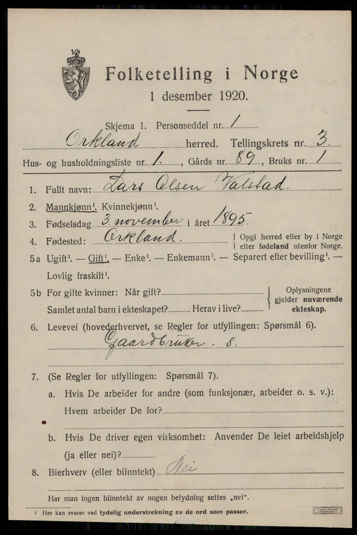 SAT, 1920 census for Orkland, 1920, p. 2602