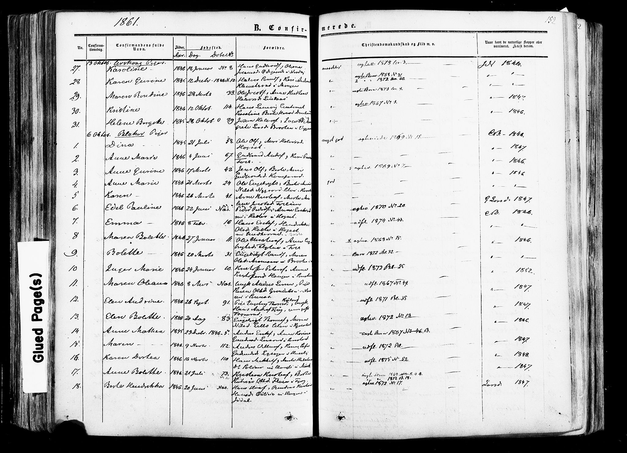 Aurskog prestekontor Kirkebøker, SAO/A-10304a/F/Fa/L0007: Parish register (official) no. I 7, 1854-1877, p. 152