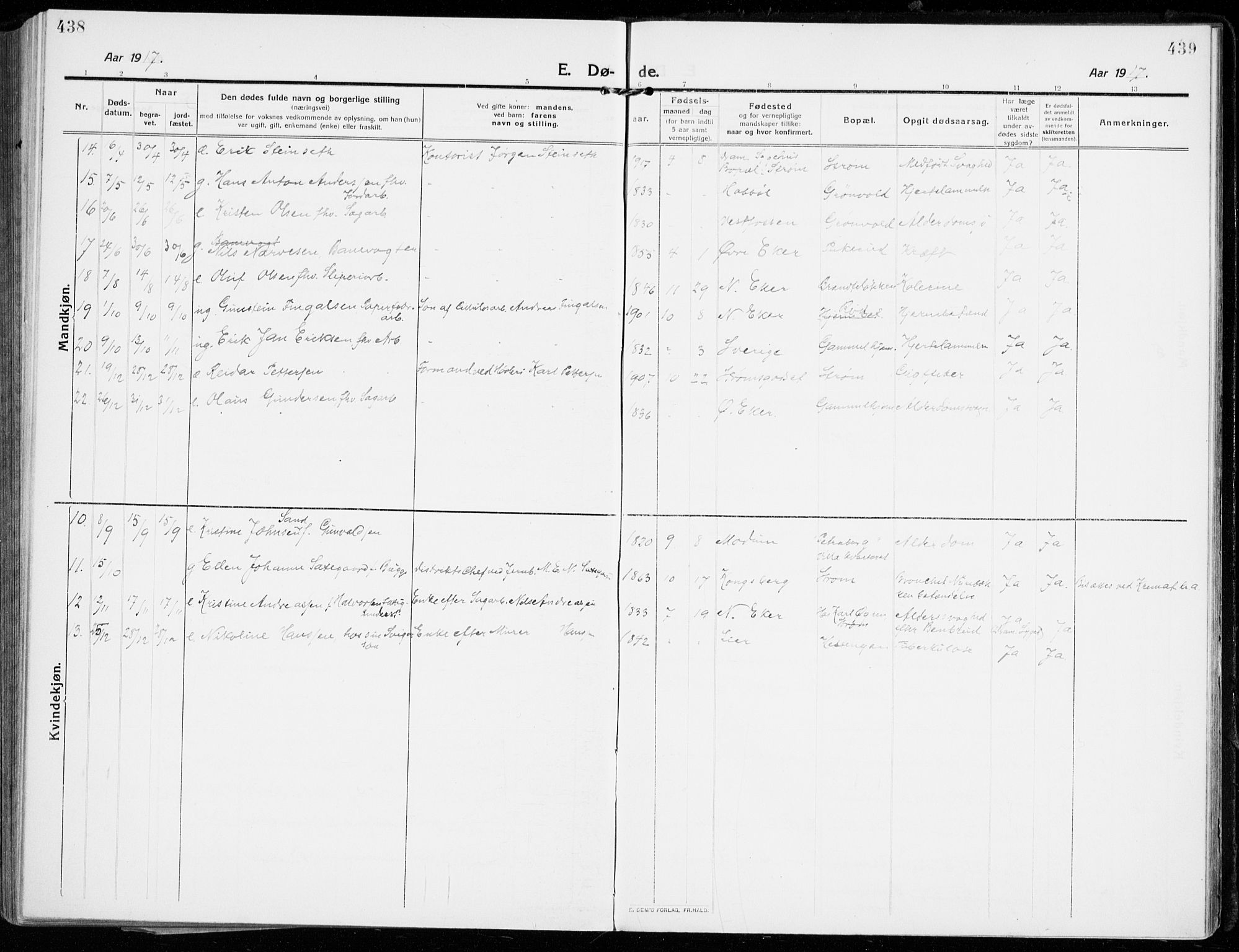 Strømsgodset kirkebøker, AV/SAKO-A-324/F/Fa/L0002: Parish register (official) no. 2, 1910-1920, p. 438-439