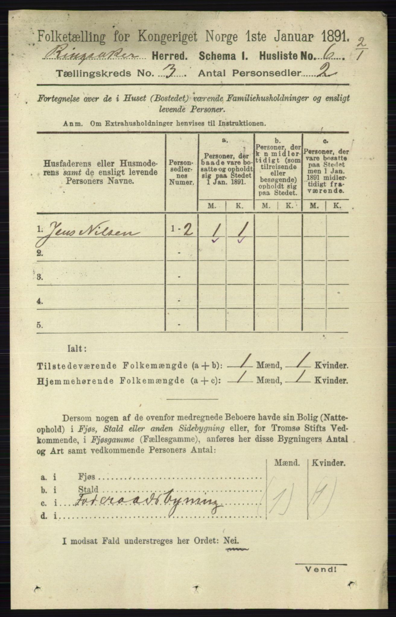 RA, 1891 census for 0412 Ringsaker, 1891, p. 1167