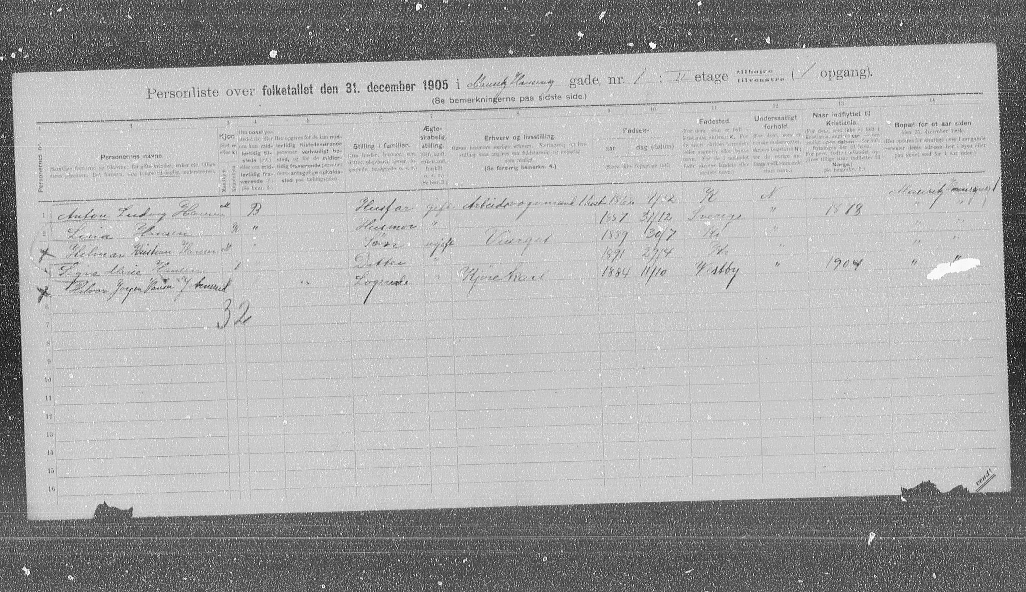 OBA, Municipal Census 1905 for Kristiania, 1905, p. 34048