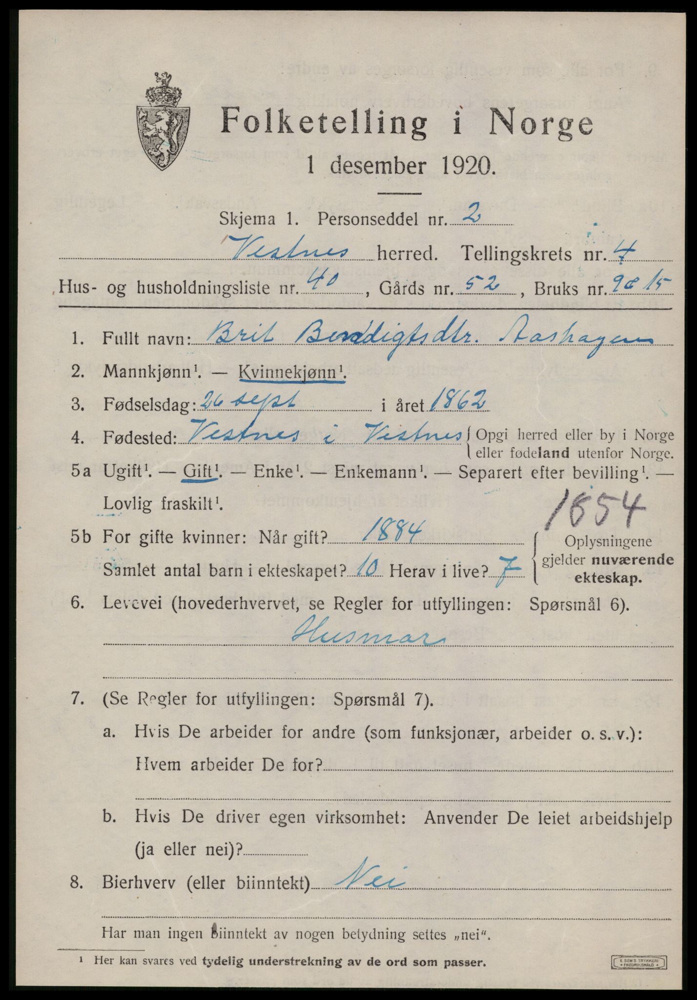 SAT, 1920 census for Vestnes, 1920, p. 3747