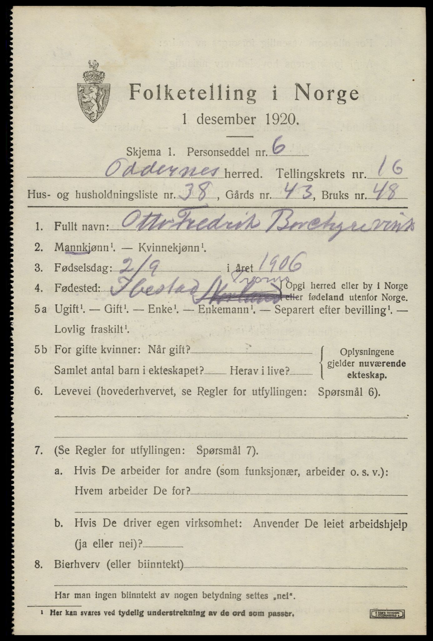 SAK, 1920 census for Oddernes, 1920, p. 11701