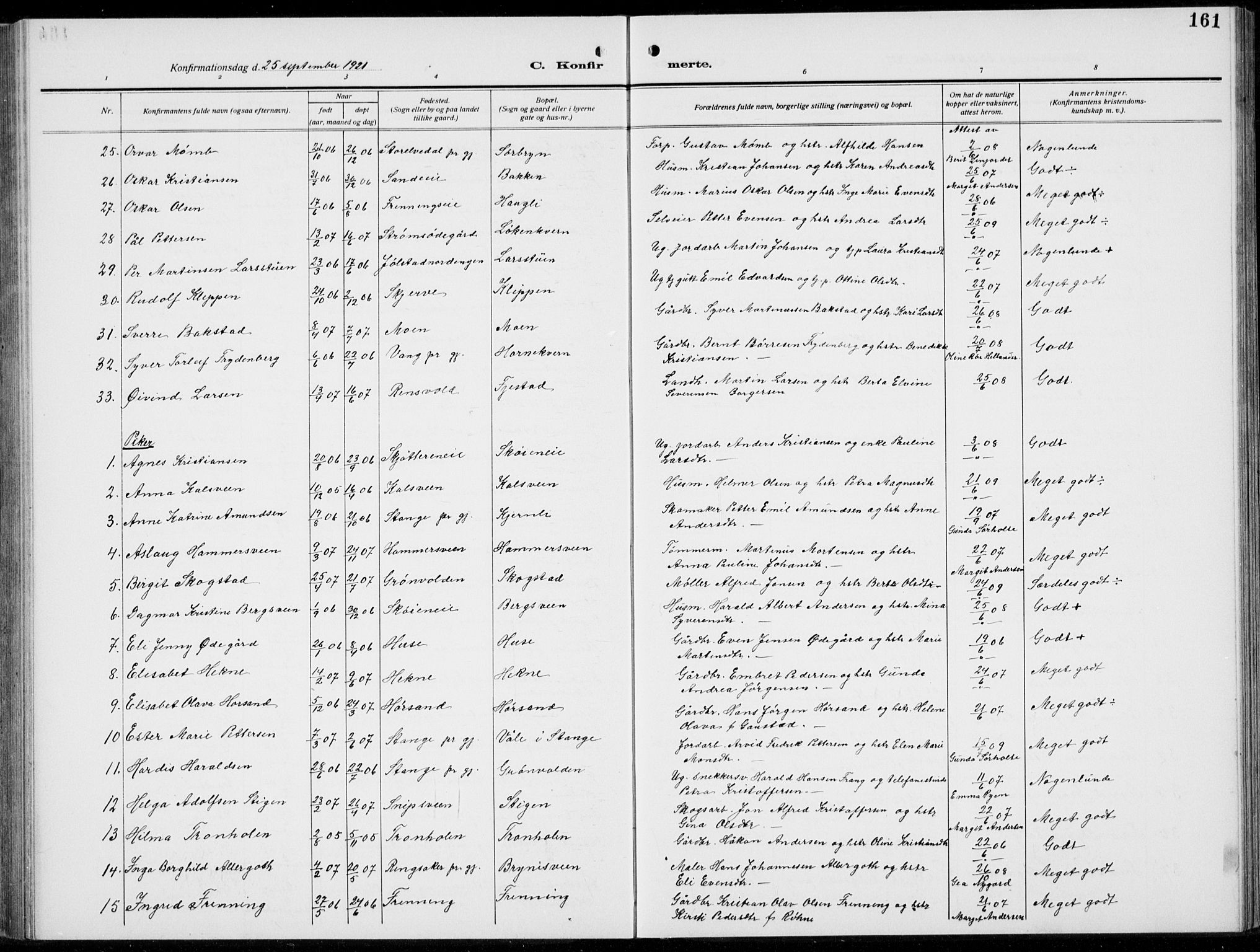 Romedal prestekontor, AV/SAH-PREST-004/L/L0014: Parish register (copy) no. 14, 1915-1939, p. 161