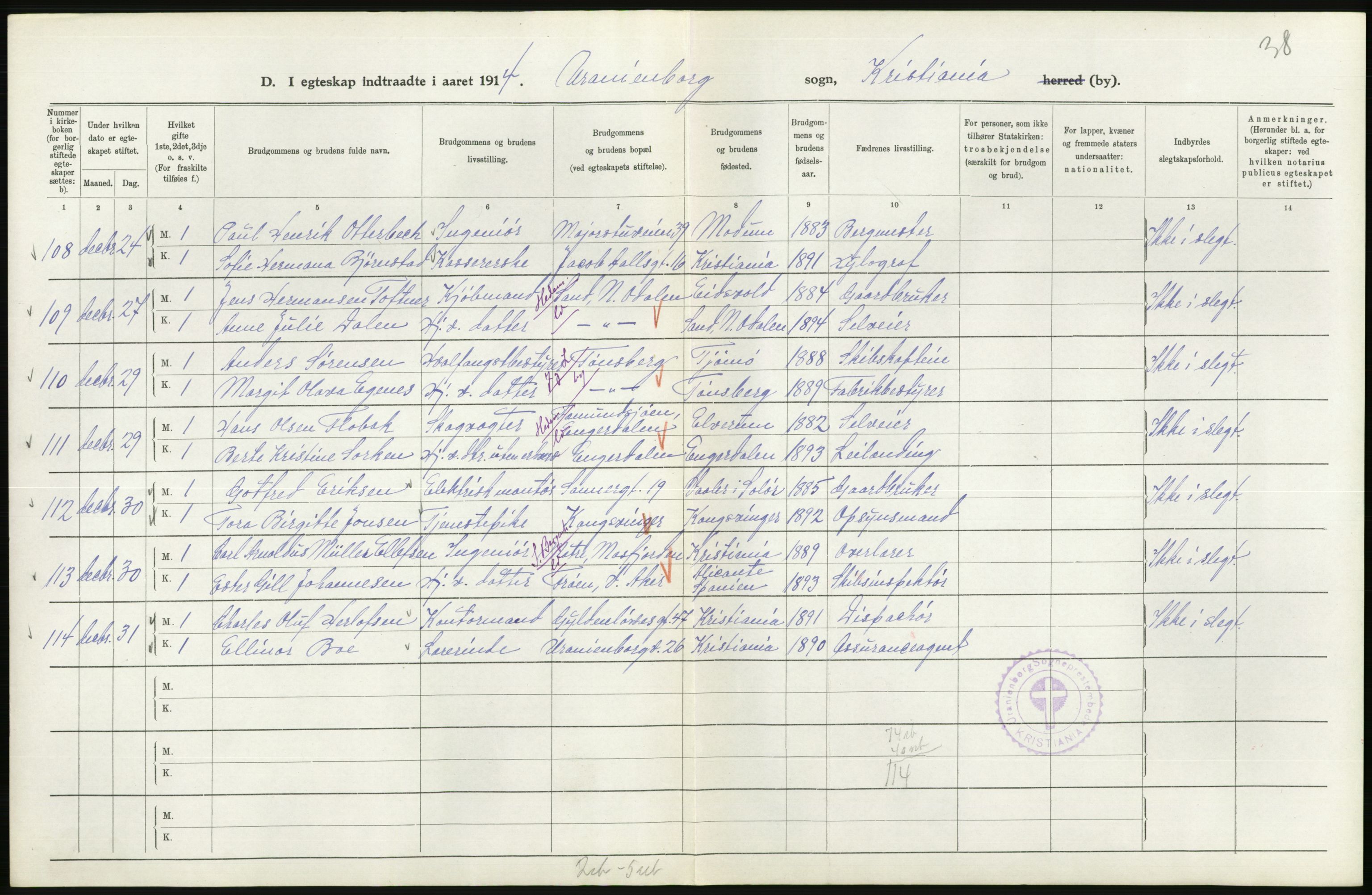 Statistisk sentralbyrå, Sosiodemografiske emner, Befolkning, AV/RA-S-2228/D/Df/Dfb/Dfbd/L0007: Kristiania: Gifte, 1914, p. 770