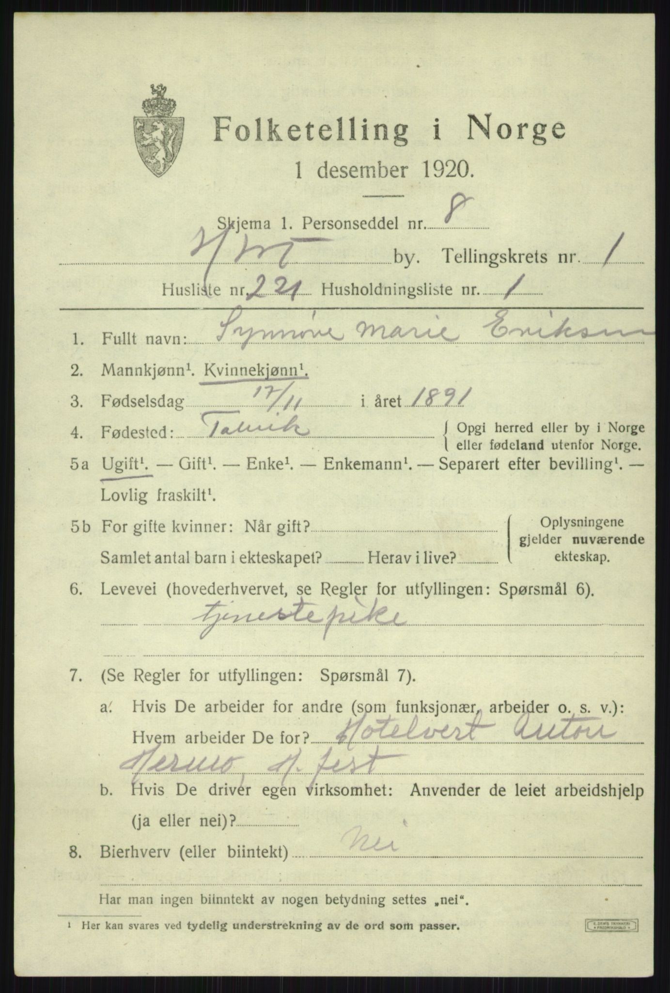 SATØ, 1920 census for Hammerfest, 1920, p. 5788