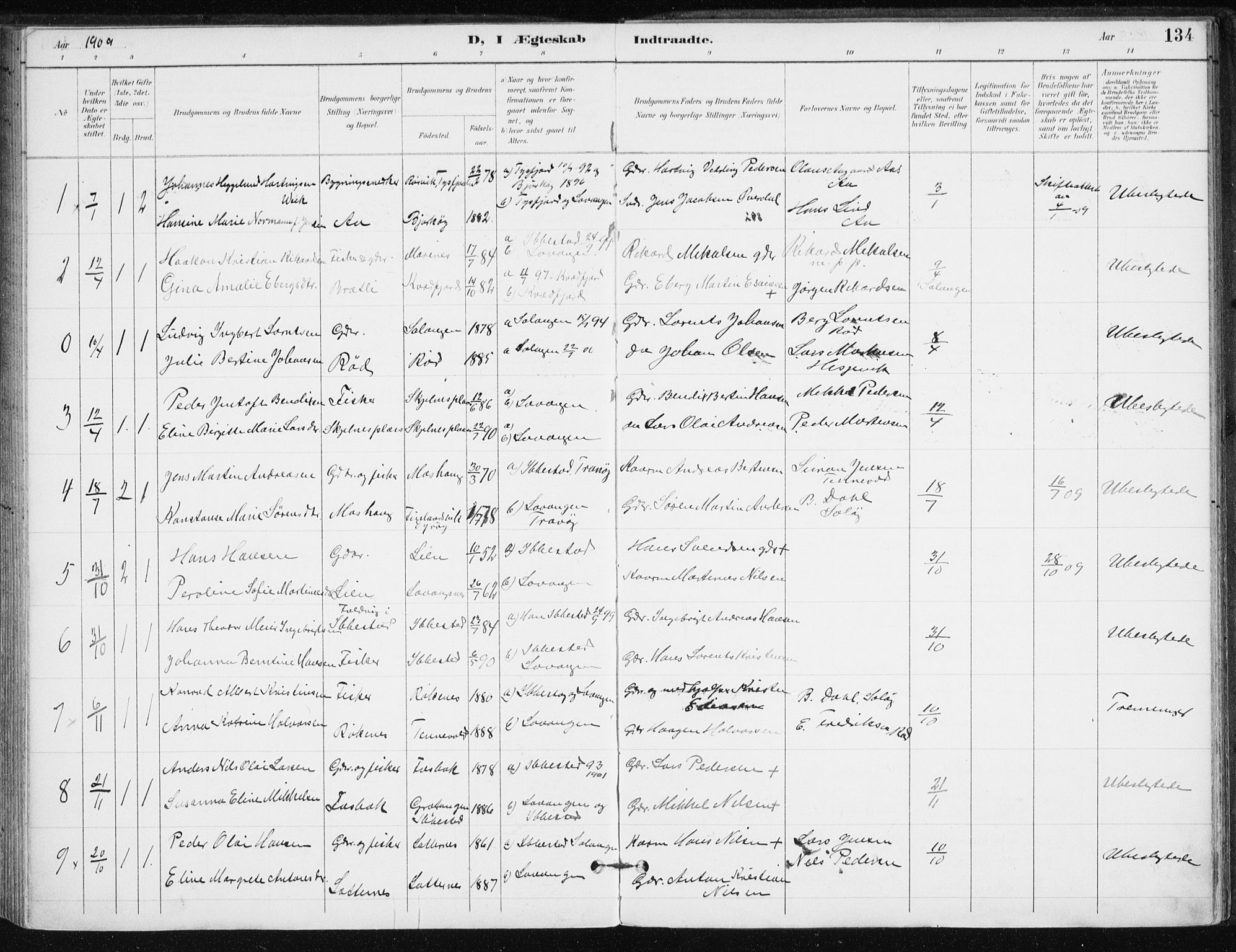Salangen sokneprestembete, AV/SATØ-S-1324/H/Ha/L0001kirke: Parish register (official) no. 1, 1893-1911, p. 134