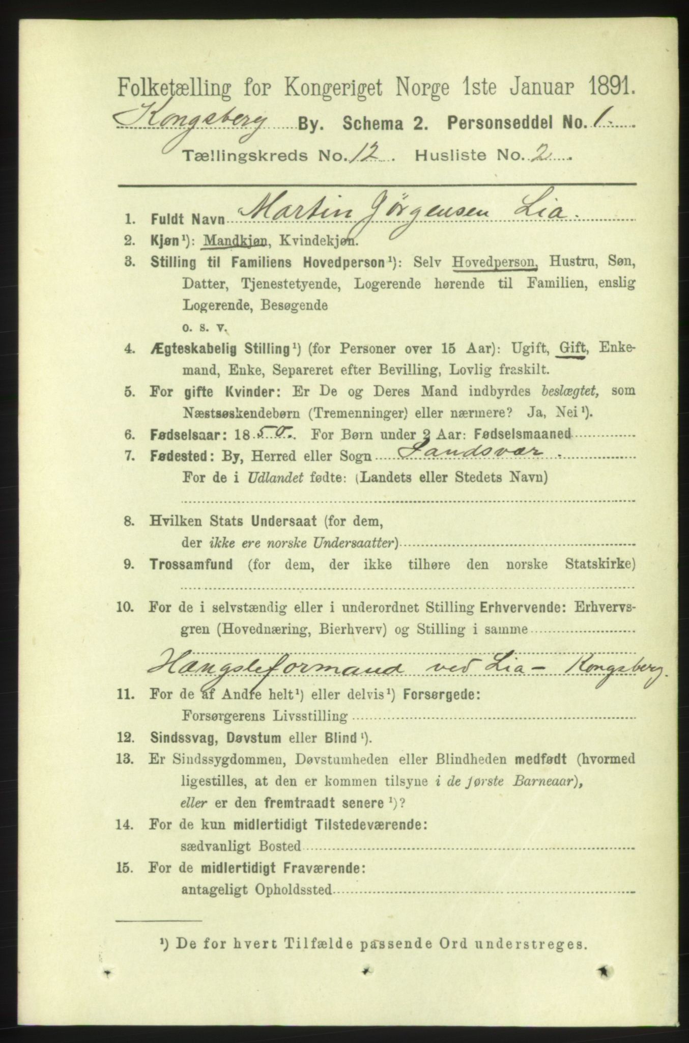 RA, 1891 census for 0604 Kongsberg, 1891, p. 6943