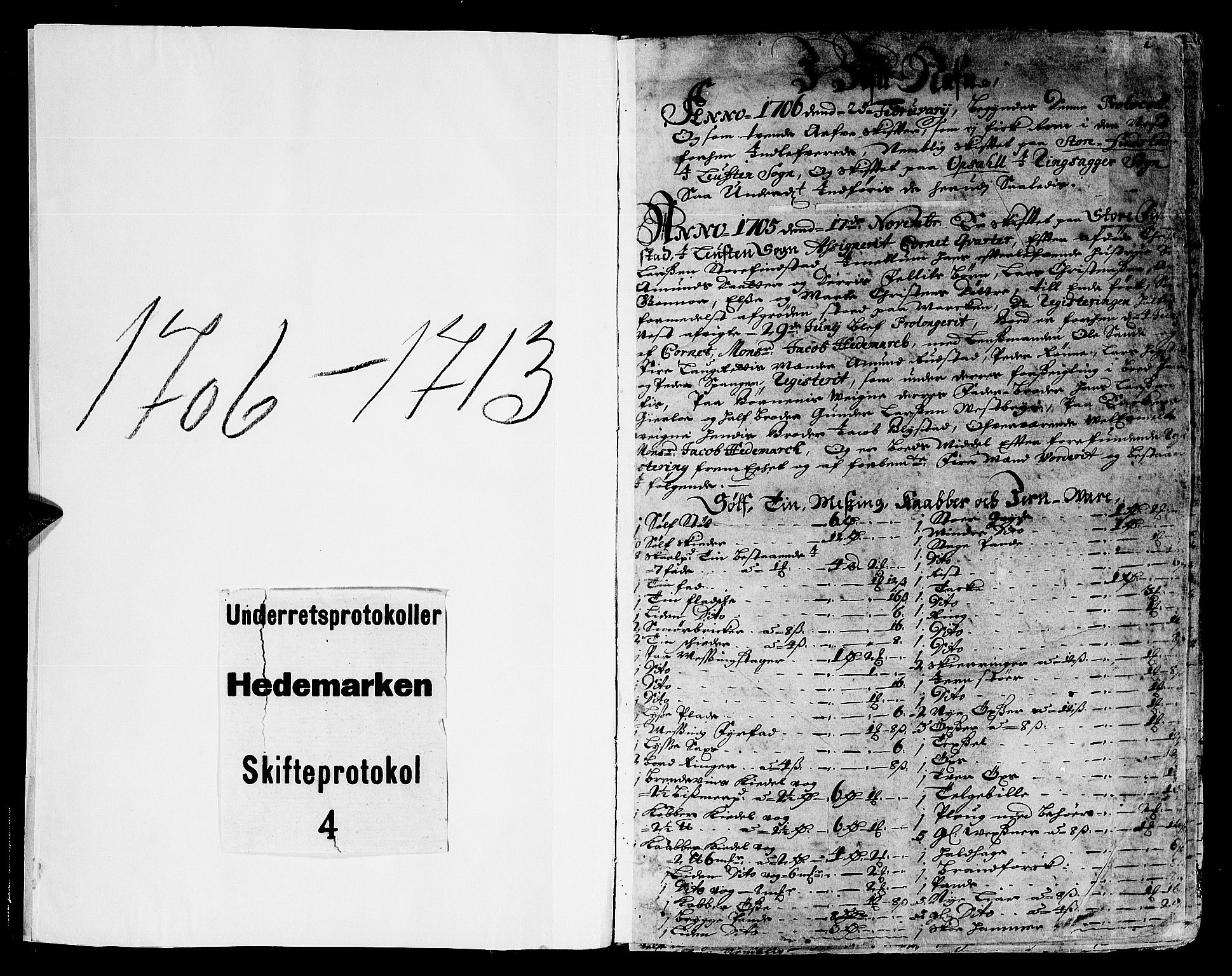 Hedemarken sorenskriveri, SAH/TING-034/J/Ja/L0004: Skifteprotokoll, 1705-1713, p. 0b-1a