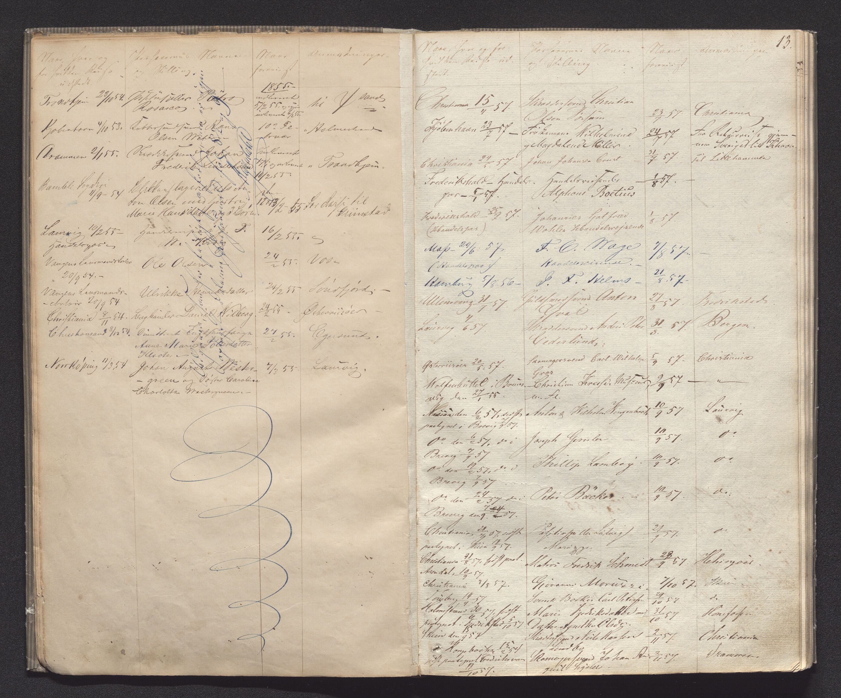 Porsgrunn byfogd, AV/SAKO-A-106/N/Na/L0001: Passprotokoll, 1852-1906, p. 12b-13